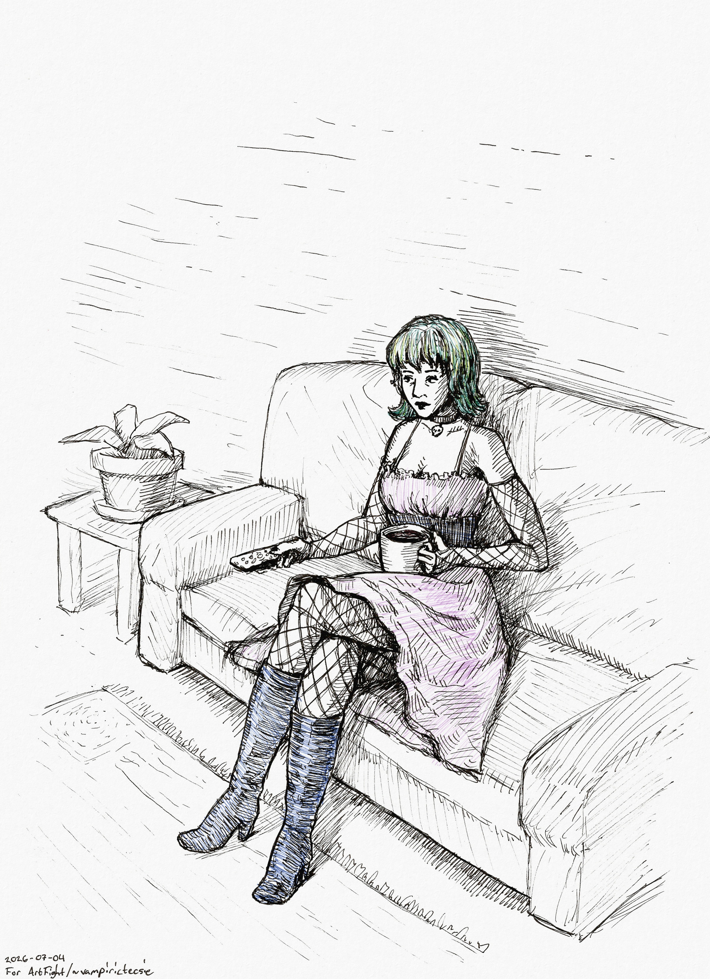Ink drawing of a turquoise-haired woman sitting on a sofa with a comically large cup of coffee and a TV remote in her hands. She's wearing a frilly pink dress with a corset, boots with heels, and fishnet sleeves and stockings. Drawn with a fineliner ink pen, roughly shaded with hatching.