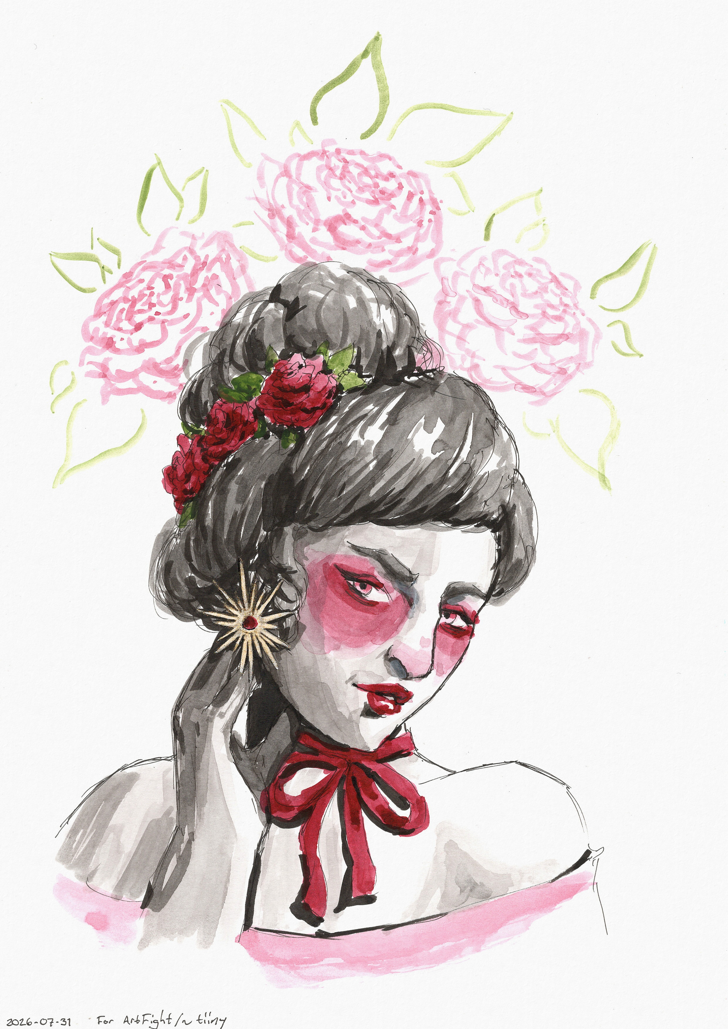 An ink painting; portrait of a young woman wearing heavy red makeup extending from eyeshadow to blush and lipstick. Her hair is tied into a bun with a band of roses, and she wears a large spiky star-shaped earring painted with glitter. Behind her are some abstract roses as decoration.