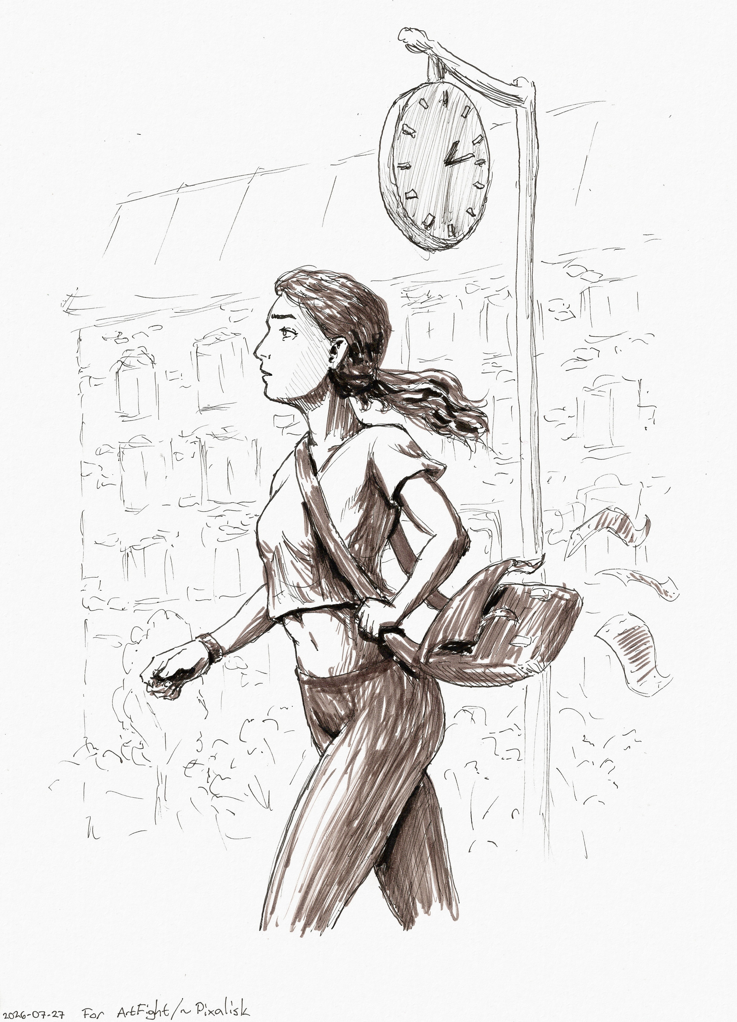 Halfbody portrait in black and sepia ink, depicting a young woman walking briskly with an urgent expression on her face. Her bag and ponytail swing in the air behind her. She's wearing a cropped t-shirt and leggings. In the background we see a brick building and a large clock on a pole.