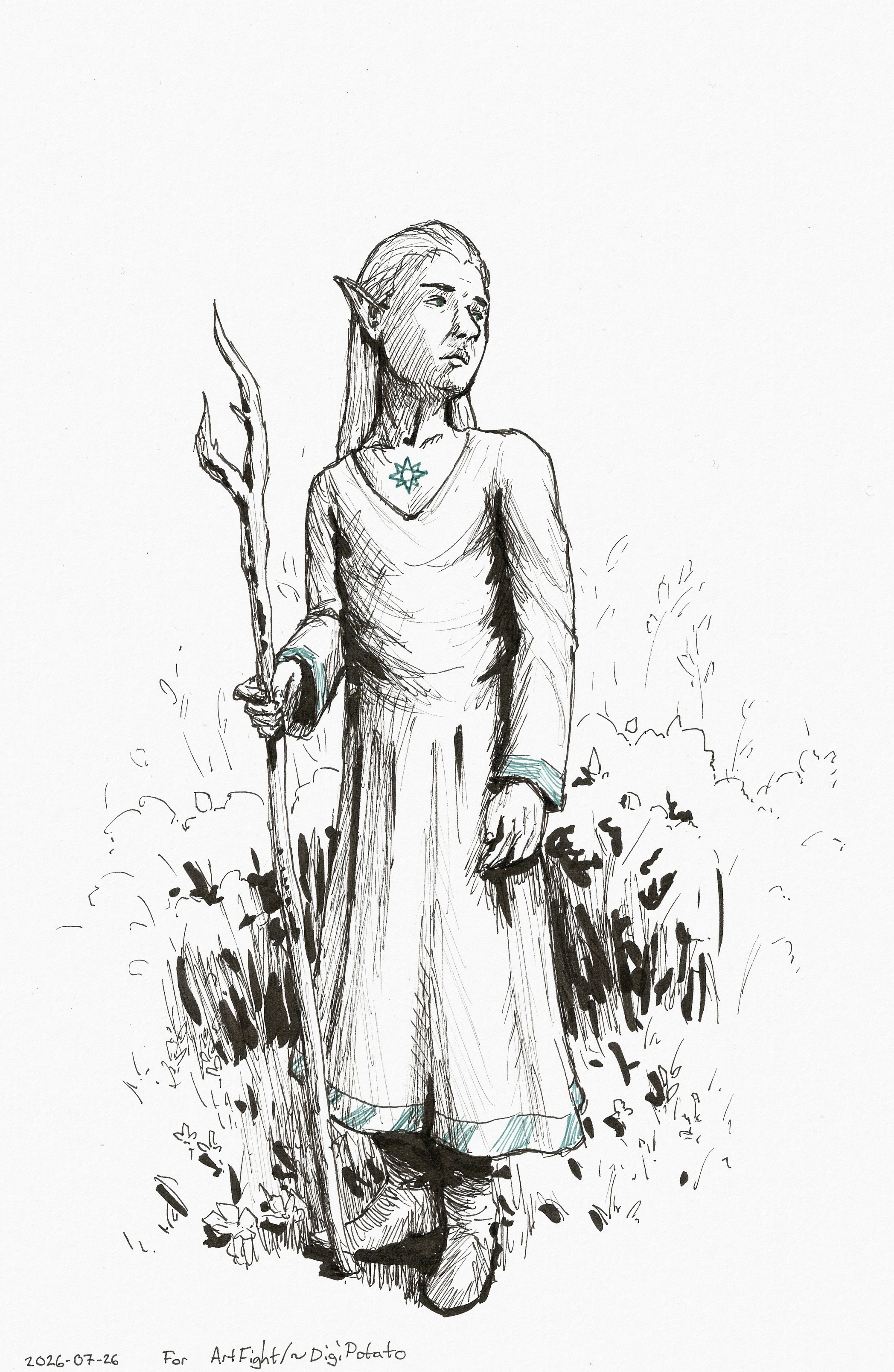 Ink sketch of a long-haired elven man wearing a long robe and boots. He has a star-shaped tattoo on his chest visible over the robe's neckline. He's holding a staff and looking to the side with a pondering expression.