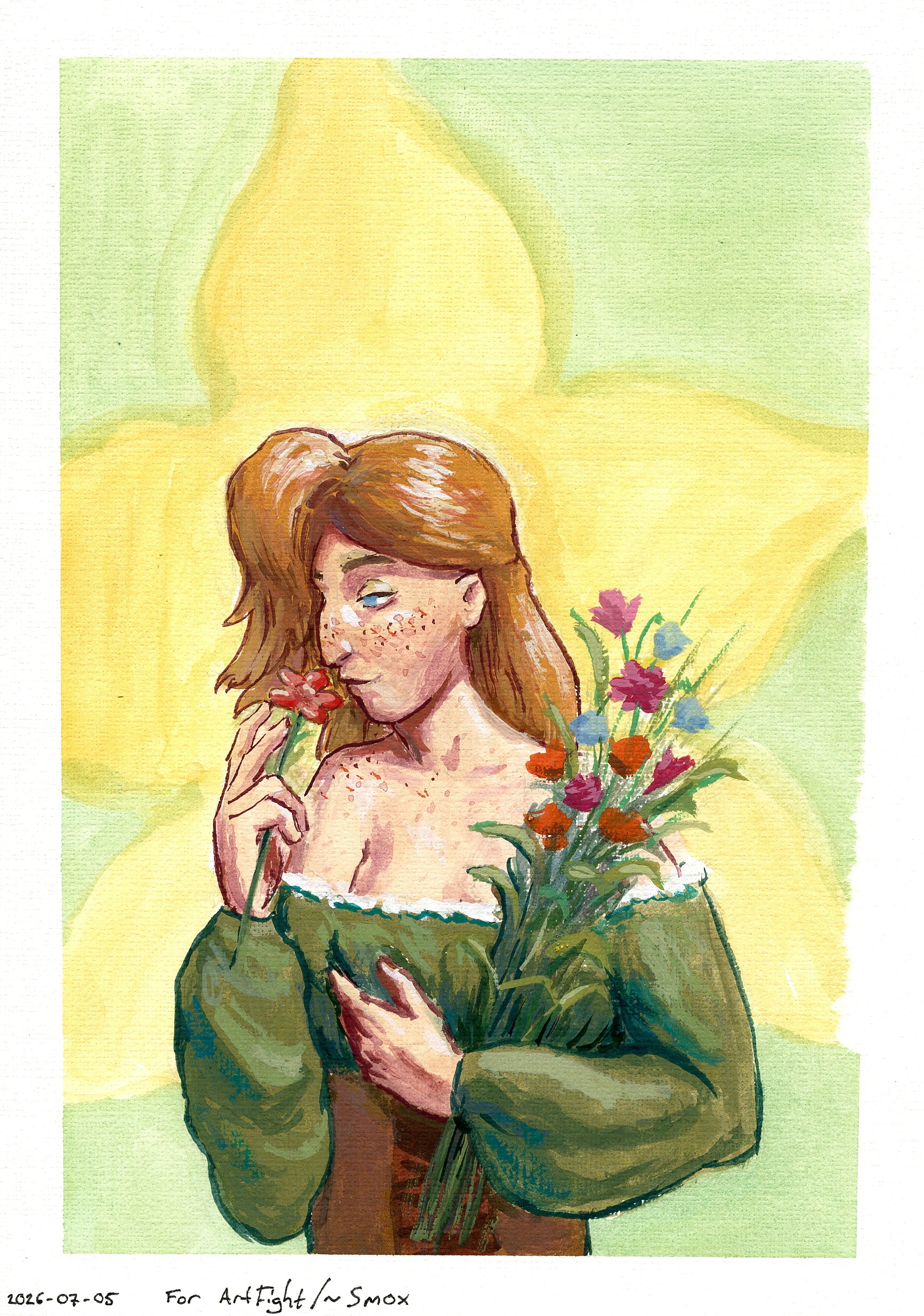 Gouache painting of Willow, a blonde-haired witch with a freckled face and a prominent nose, gathering a bouquet of flowers. She's holding one flower up to her nose with a relaxed smile and carrying the rest of them in the crook of her arm. She's wearing a green dress with large sleeves. The background is an abstract flower shape.