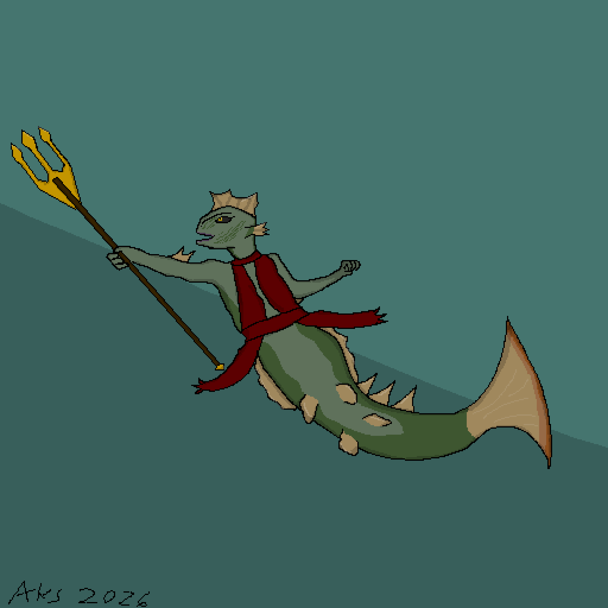 Pixel art portrait of a mermaid with a lizard-like head thrusting a trident forward.