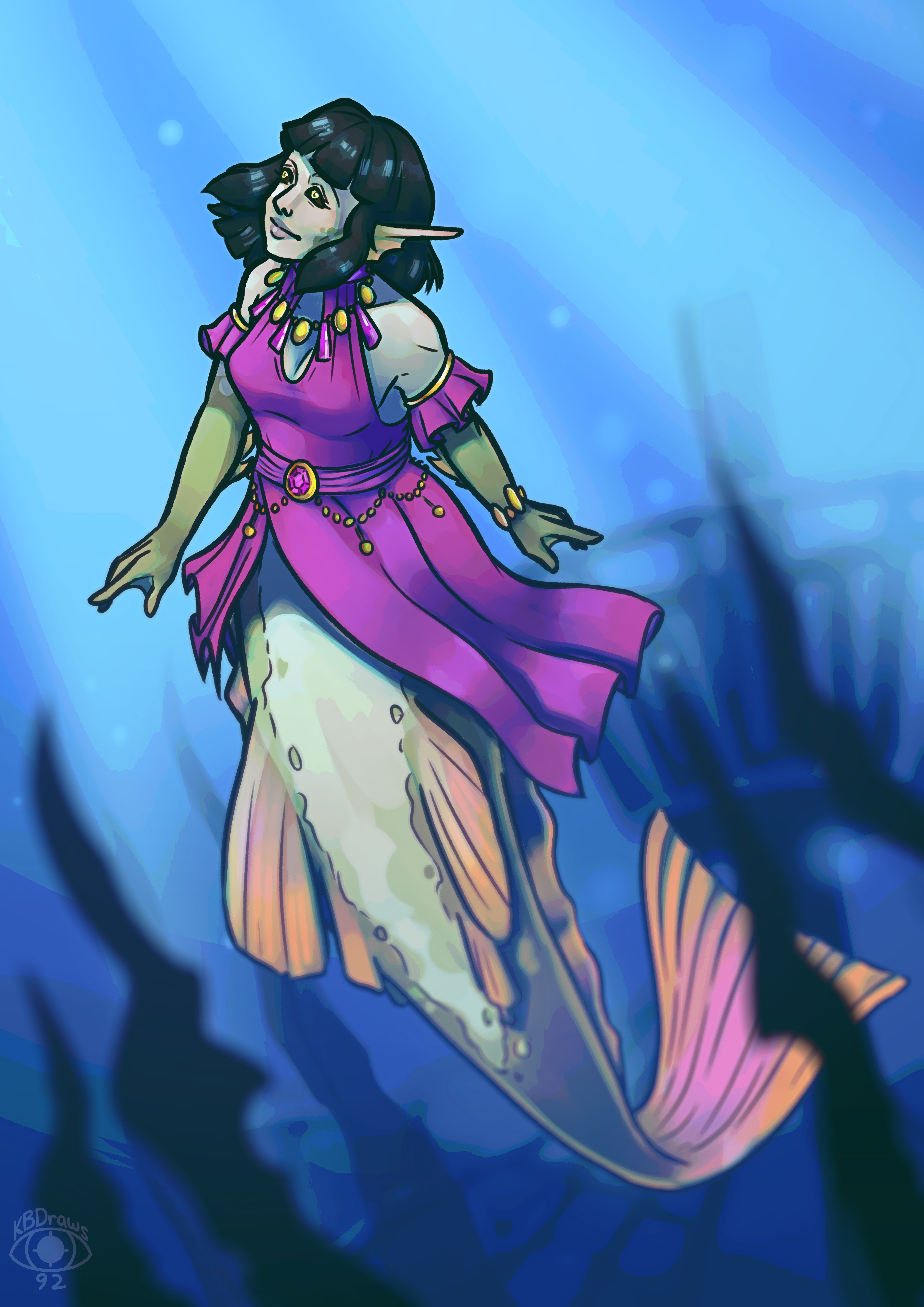 Digital painting of Aava, a pale mermaid with black a bob of hair, swimming near the bottom of a lake with a carefree smile and spread of the arms. She's wearing a pink dress with a jeweled belt around the waist and a split to one side. It's brightly lit, but the blue hazy water quickly makes the background blur into indistinct shapes hiding a sunken ship.