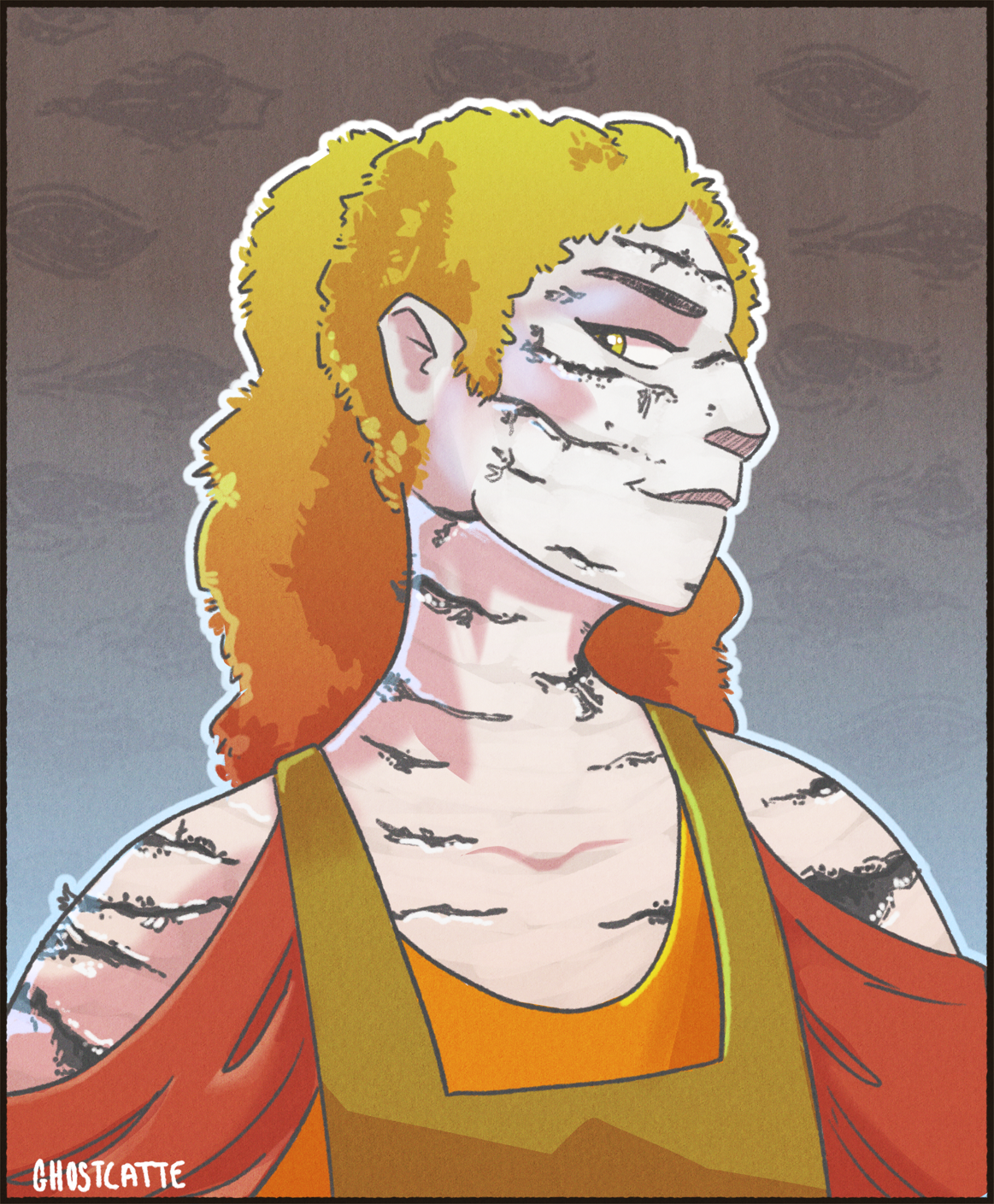 Digitally drawn bust portrait of Ivu, a dryad with birch bark skin and leaves in autumn colors for hair. She's looking at the viewer with a knowing expression, unclear what her intentions are.