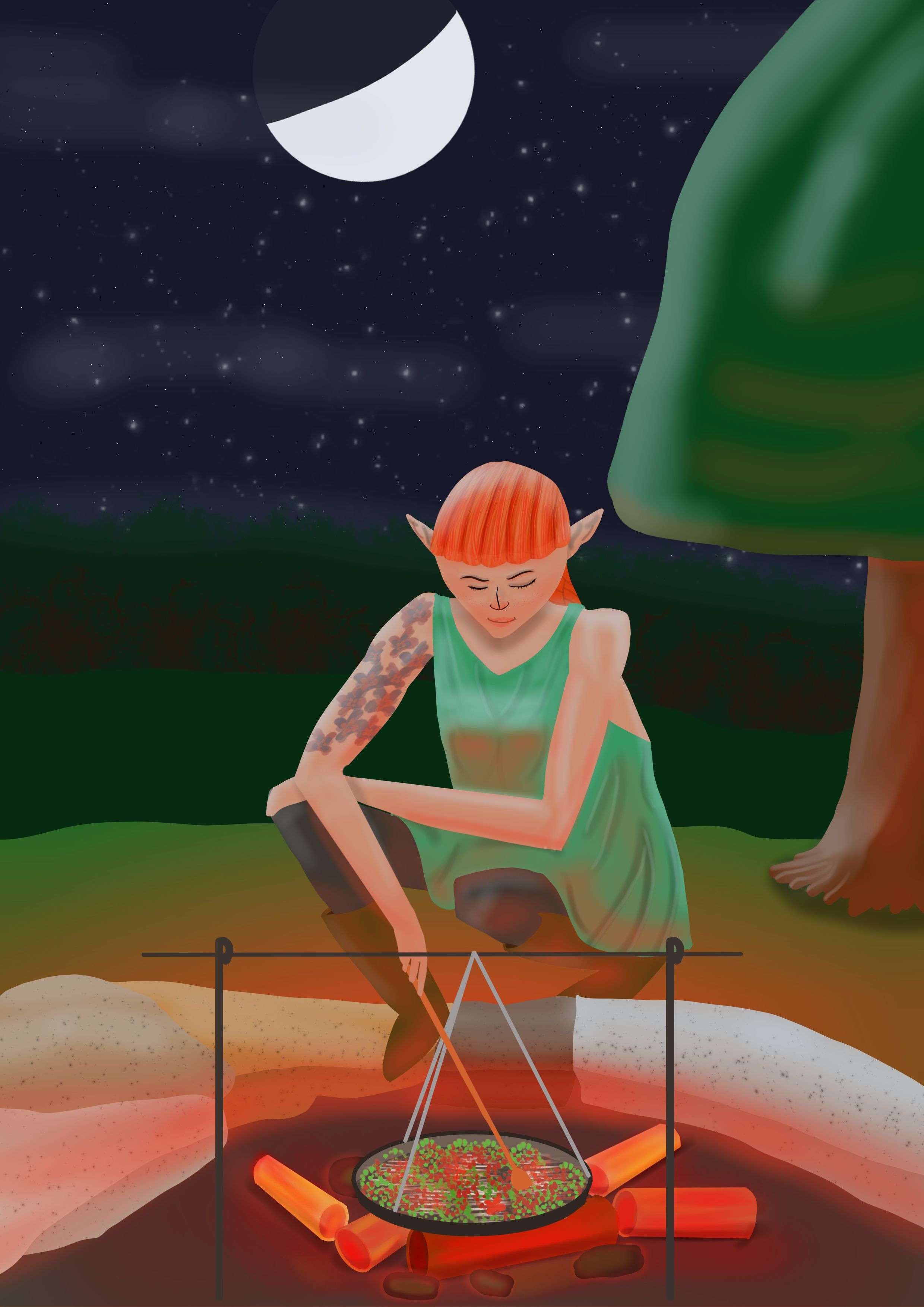 Digital painting of Miriel, a red-haired elf, sitting by a campfire by moonlight, prodding at some food in a pan.