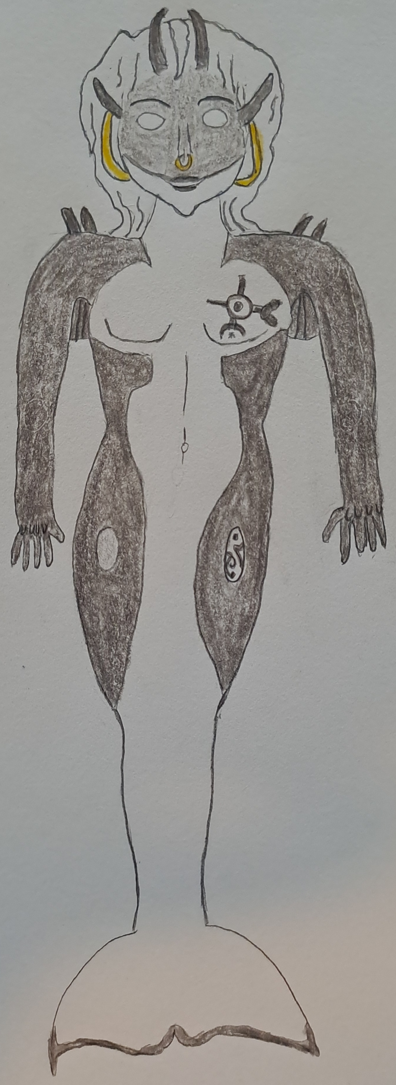 Pencil drawing of Salma, a merman styled after an orca, in a neutral pose.