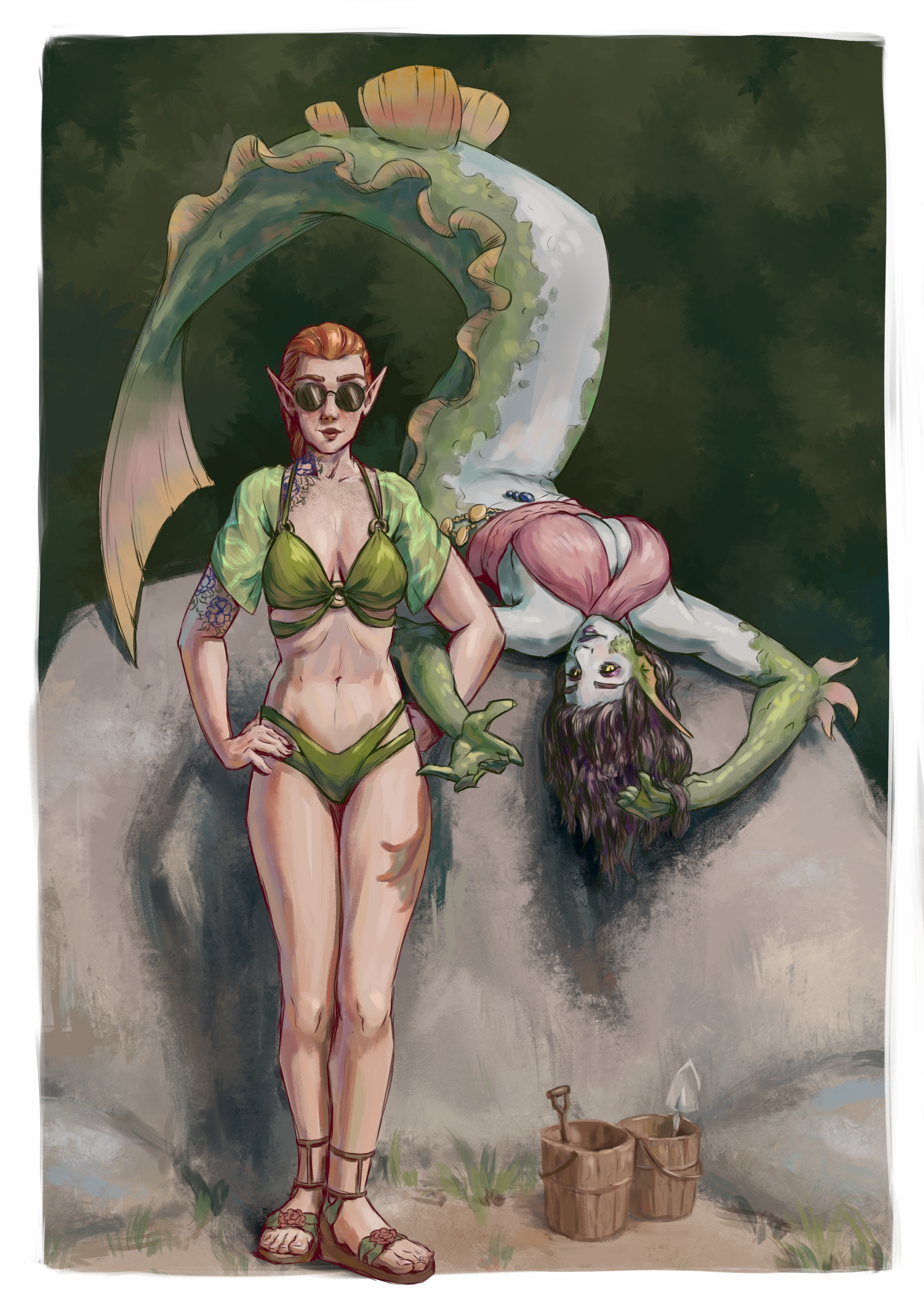 Digital painting of Miriel the elf and Aava the mermaid posing against a sunlit rock in bikini swimsuits.
Miriel is standing up straight with her hands on her hips, and Aava is lying on her back on top of the rock,
making an arch over Miriel's head with her tail and looking upside down at the viewer, one arm hooked on Miriel's.
Next to them on the ground are two wooden buckets and shovels.