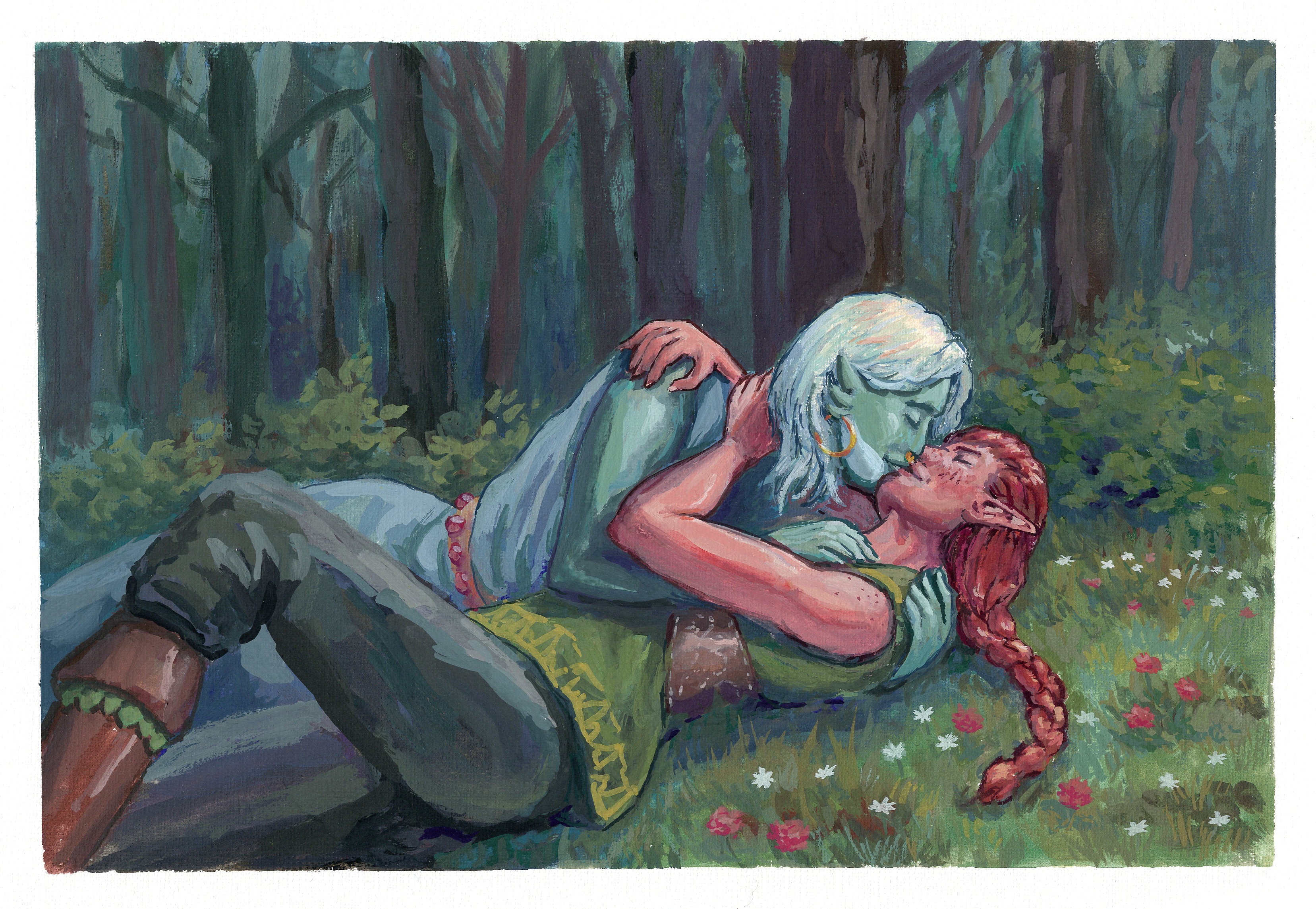 Gouache painting featuring Miriel, a red-haired elf,
and Salma, an orca-like merman, lying in a patch of grass with arms around each other, kissing.
The composition is split roughly into two, with Miriel's green tunic echoed by the grass under her
and Salma's blue tones repeated in a shaded forest behind the pair.
The light is warm and serene, and there are bushes and flowers surrounding the scene.
