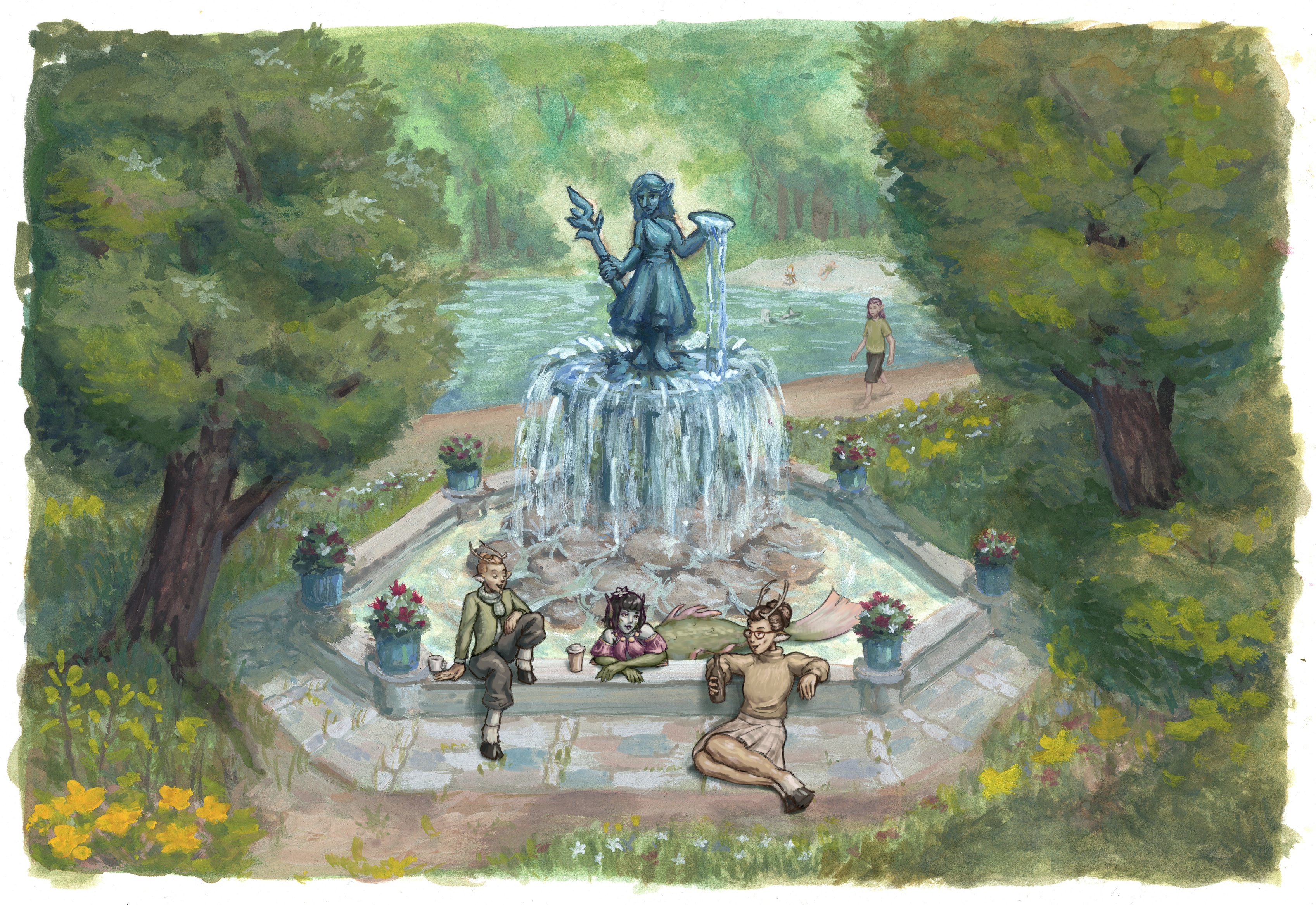 Painting of a fountain in the middle of a verdant park landscape.
On top of it is a statue of an elf wearing a dress and staff, made of blue oxidized copper.
The faun mathematicians Olivia and Basil are sitting at the fountain's rim with drinks,
joined by Aava the mermaid lounging in the water.
In the background, some other characters are seen walking and hanging out on a beach.