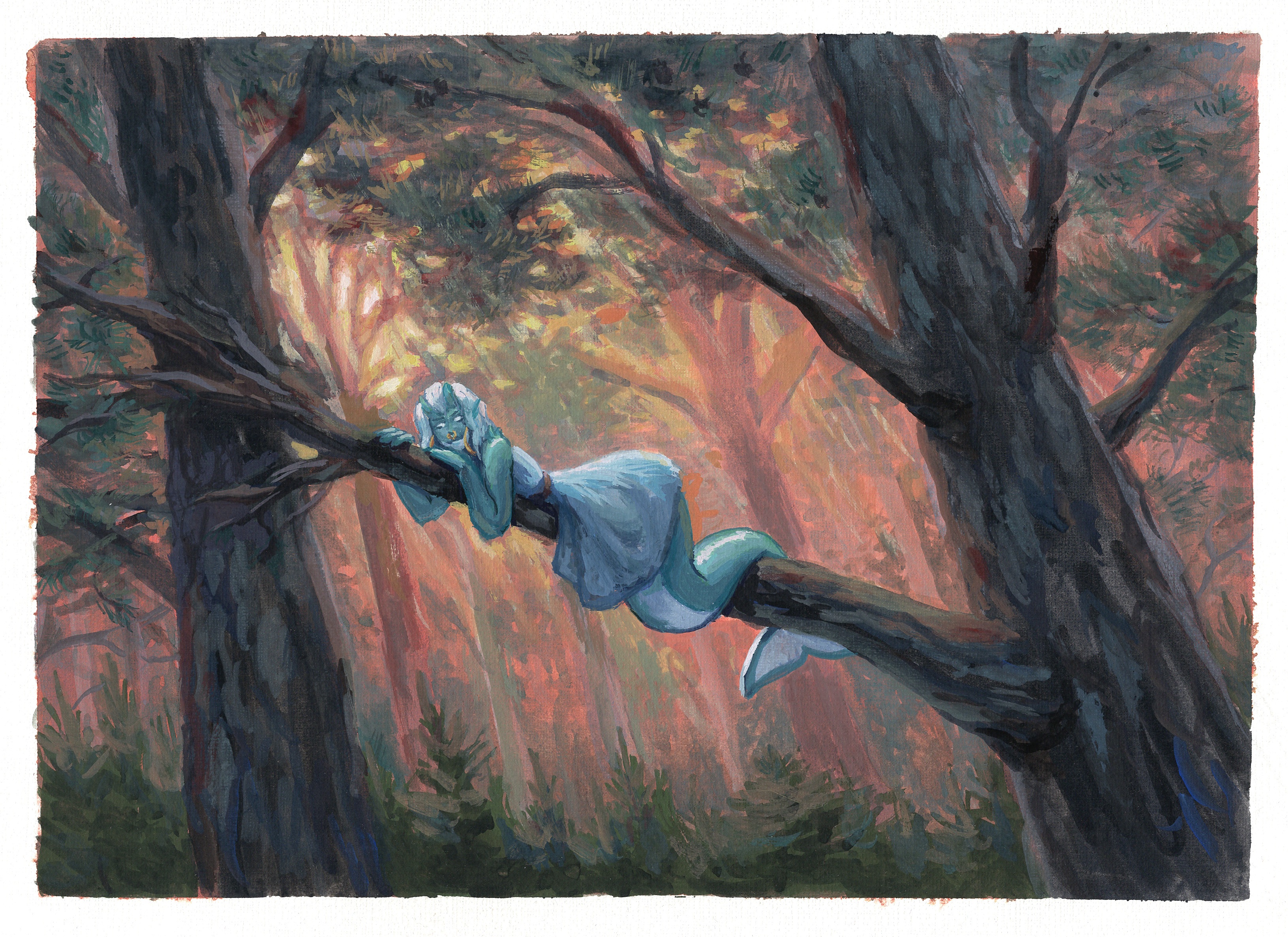 Gouache painting of Salma,
a merman styled after an orca, lying on a branch in a big pine tree.
We're looking up at him from the ground, and he's looking back down at us with a smirk,
framed by warm light filtering in through the canopy.