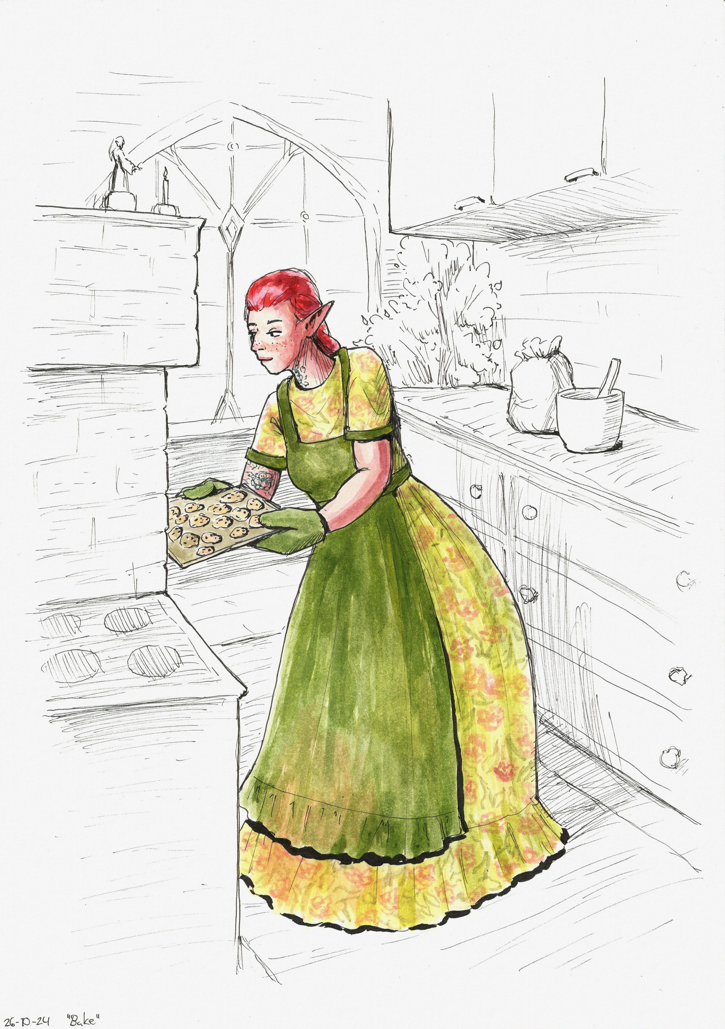 Ink drawing of Miriel the elf putting a tray of cookies in an old-timey wood-burning brick oven.
  She's wearing oven mitts and a dress with an apron, short cuffed sleeves, and a long skirt with a ruffled hem.
  The dress (minus the apron) is made of a patterned fabric covered in pink poppy flowers.
  Behind her we see kitchen drawers and cabinets, a window (but it's too bright to see outside) and a small potted tree.