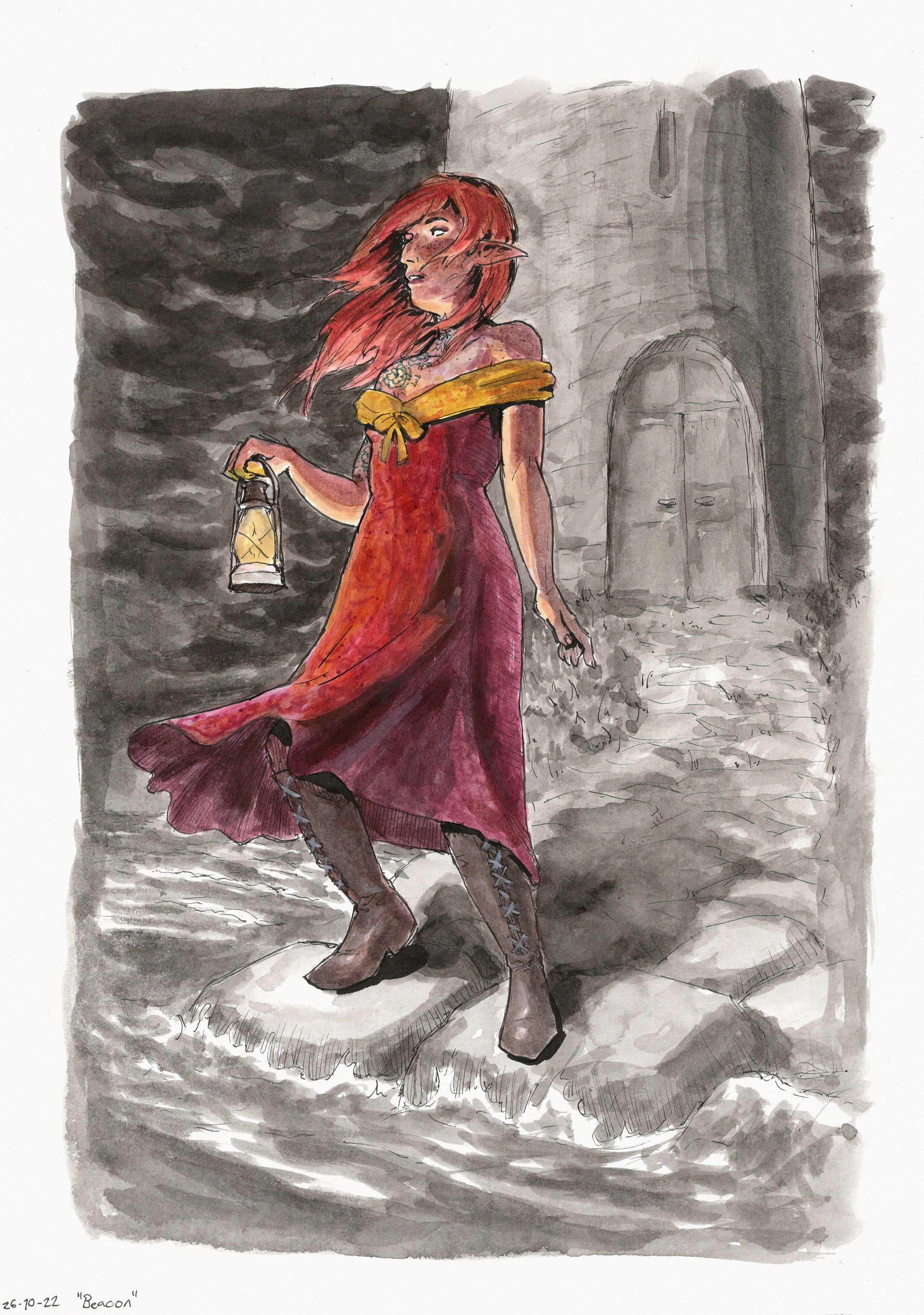 Ink painting of Miriel the elf standing on rocks with water splashing up their sides, holding a lantern.
  She's wearing tall laced boots and a red off-shoulder dress with a bow on the chest
  and a long skirt that billows in the wind alongside her untied hair.
  The scenery behind her is dark and cloudy, our low point of view making the sky fill most of the view.
  A rocky path leads up to a lighthouse.