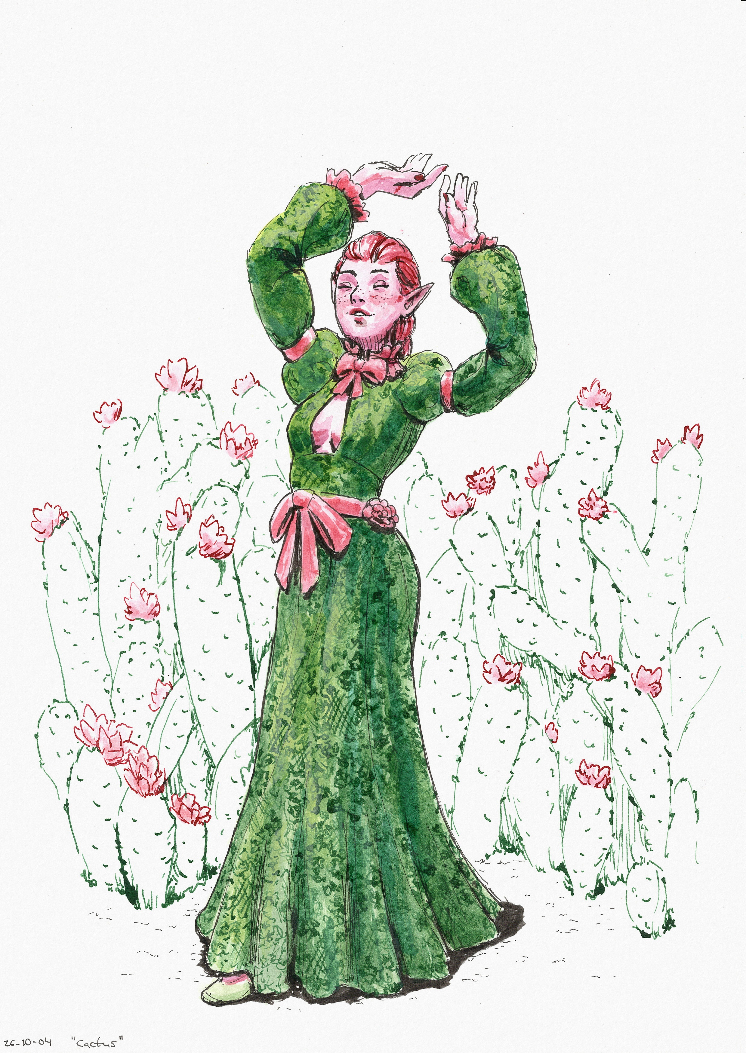 Ink painting of Miriel the elf wearing a long green dress
    with puffy sleeves and peachy-pink accents:
    frills on the sleeves and collar, and bands around the sleeves and waist.
    She's smiling and raising her arms up,
    the puffy sleeves and the frills at the cuffs reminiscent of a flowering cactus,
    many of which are seen behind her.