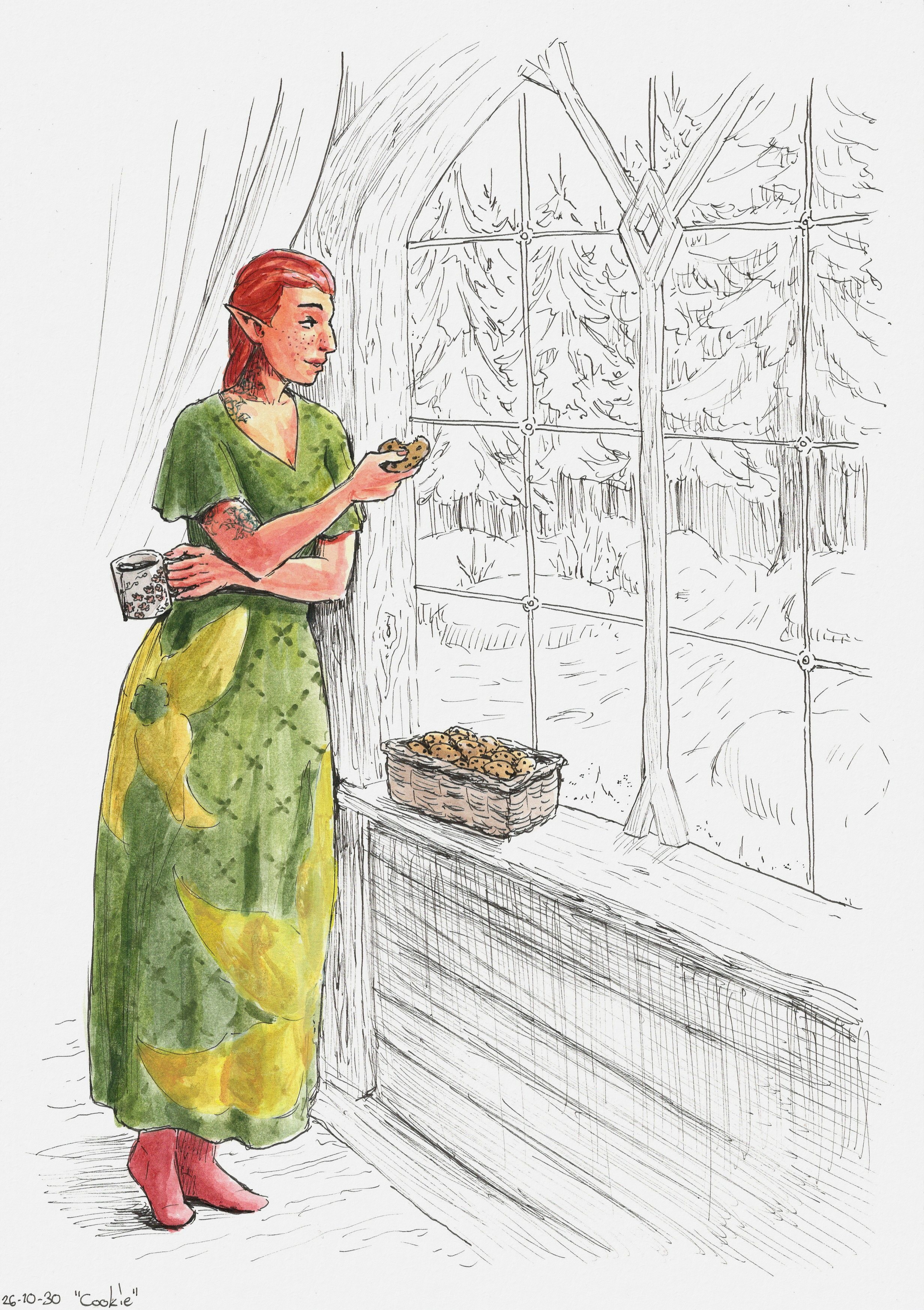 Ink drawing of Miriel the elf relaxedly leaning against the frame of a large window,
  looking outside with a cookie in one hand and a cup of something warm in the other.
  She's wearing a simple long dress with a v-neck and short butterfly sleeves.
  It's made of a green fabric with a printed grid pattern, and the skirt is decorated with two large yellow flower shapes.
  There's a wicker basket full of cookies on the windowsill,
  and outside we see a snowy forest with some footprints leading towards it.