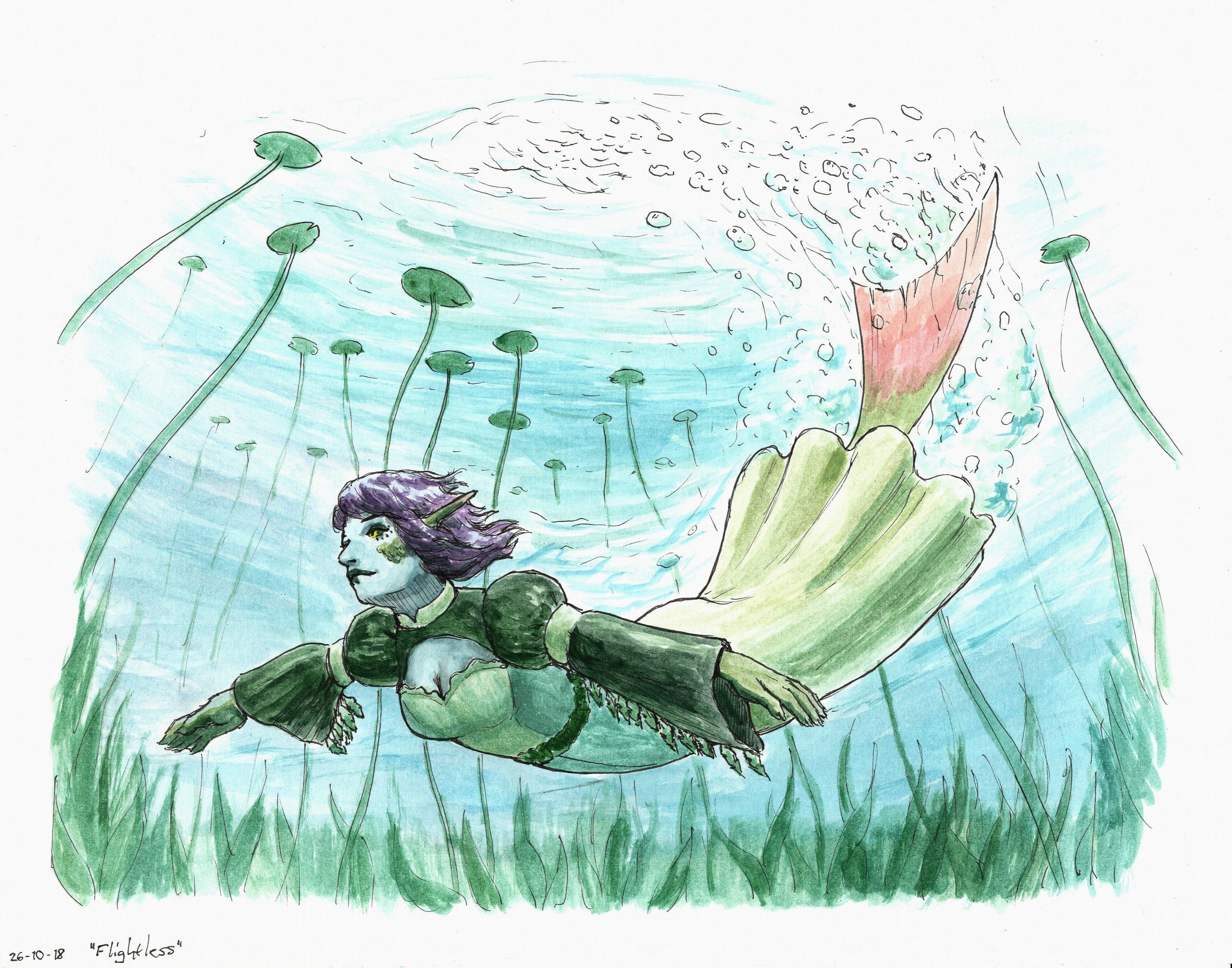 Ink painting of Aava, a pale mermaid with black bob-cut hair,
  diving down into water wearing a dress with feathers hanging from its sleeves.
  Her arms are spread out, mimicking a bird, with us looking at her from below,
  also seeing the water surface and the bubbles and foam in her wake.
  The dress is made of three different shades of green, lighter on the front similar perhaps to a tropical bird.
  The sleeves are puffed on the shoulders and there's a window exposing the chest with frilly lining across the breasts.