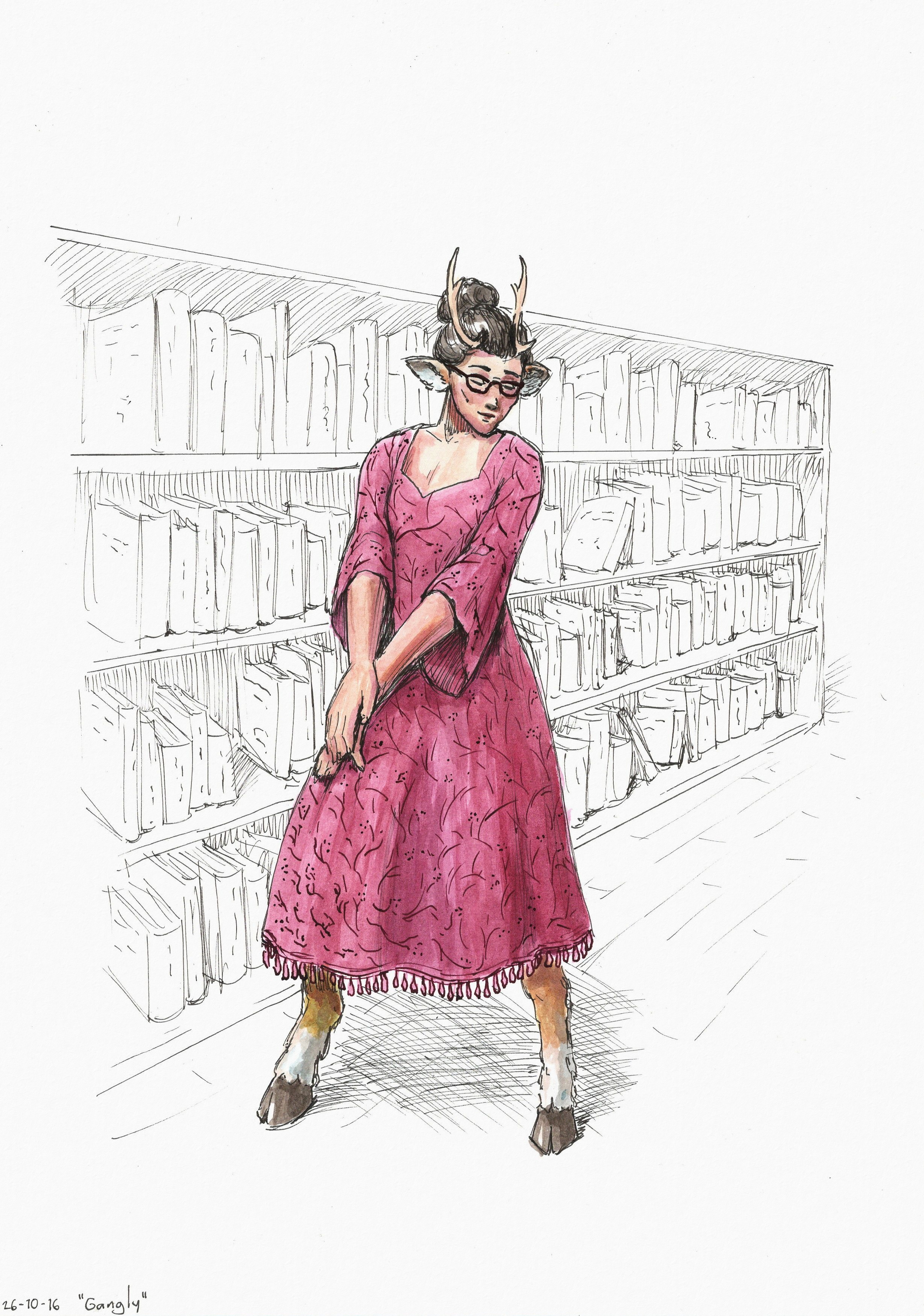 Ink drawing of Olivia, a faun girl with deer-like features, wearing a simple dark pink dress.
  It has a heart-shaped bodice, medium-length bell sleeves and little tassels around the hem.
  She's clasping her hands in front of her and looking down bashfully, blushing a little.
  Behind her is a large bookcase full of books.