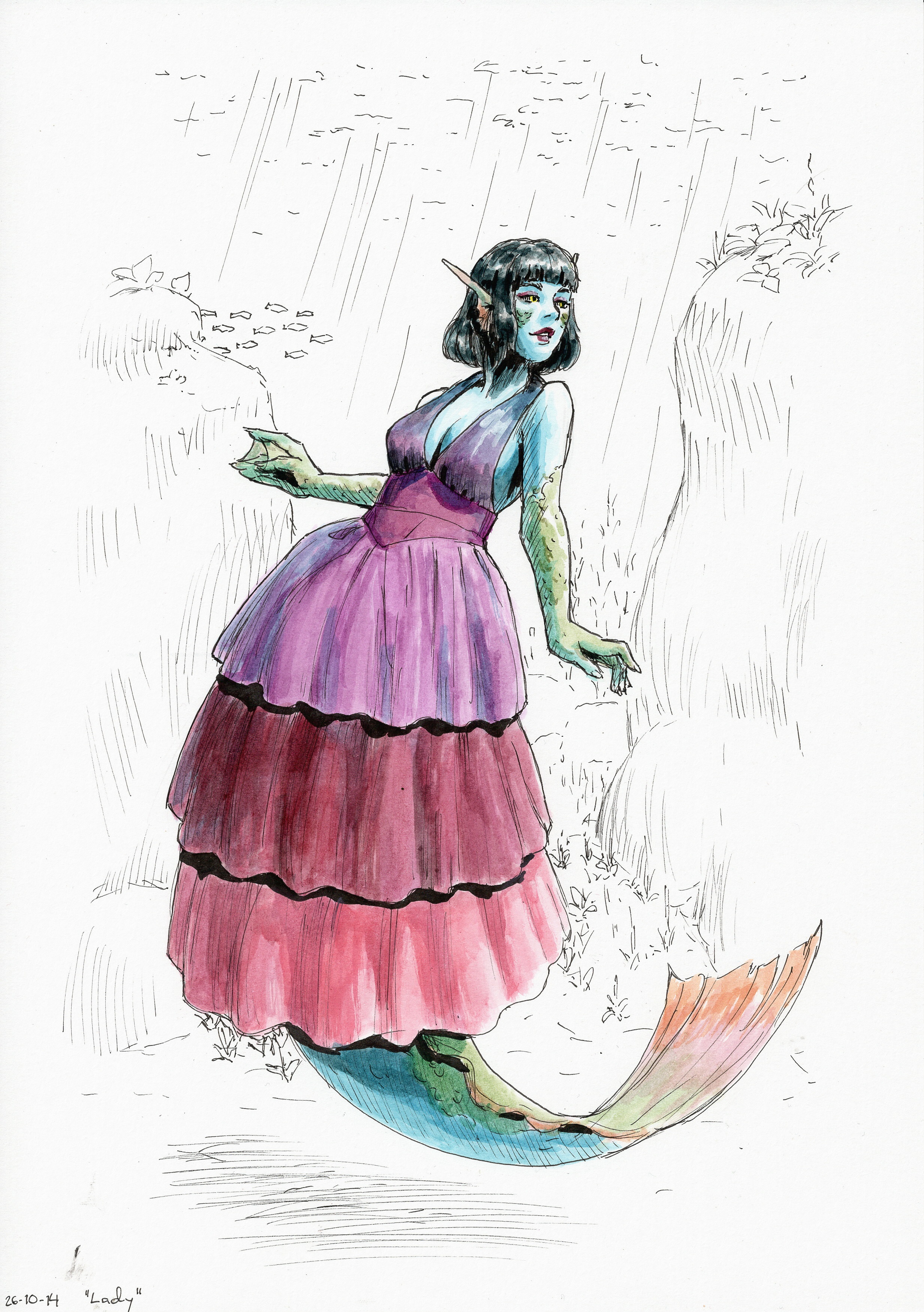 Ink drawing of Aava, a pale mermaid with bob-cut hair,
  wearing a silk ball gown with a low-cut halter-neck bodice and a wide multilayered skirt.
  Its color is a gradient going from blue on the shoulders through purple to pink on the lowest hem.
  She's underwater, cliffs of rock and shafts of light from the surface seen behind her.
