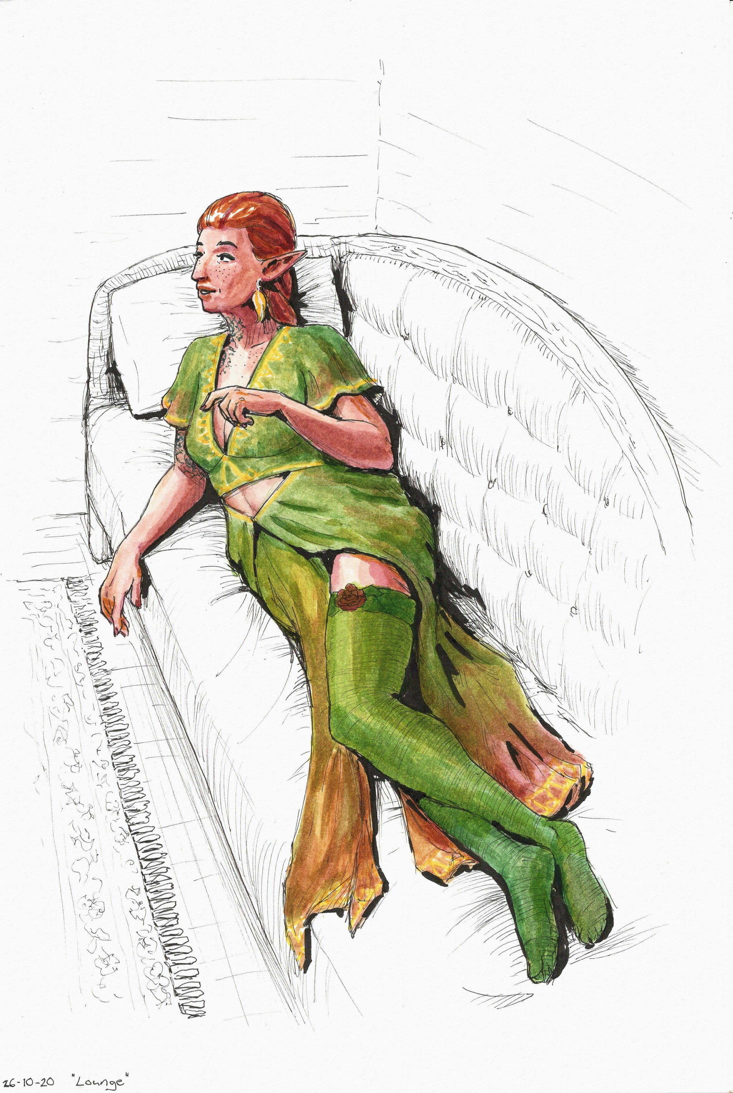 Ink drawing of Miriel the elf lounging on her side on a sofa,
  wearing a green evening gown that exposes quite a bit of skin -
  the skirt is made of two overlapping parts with gaps exposing the legs,
  the neckline goes very deep, and it has short butterfly sleeves.
  It's decorated with yellow triangle patterns and its color fades from green to red towards the hem.
  She's also wearing green thighhigh stockings and leaf-shaped gold earrings.