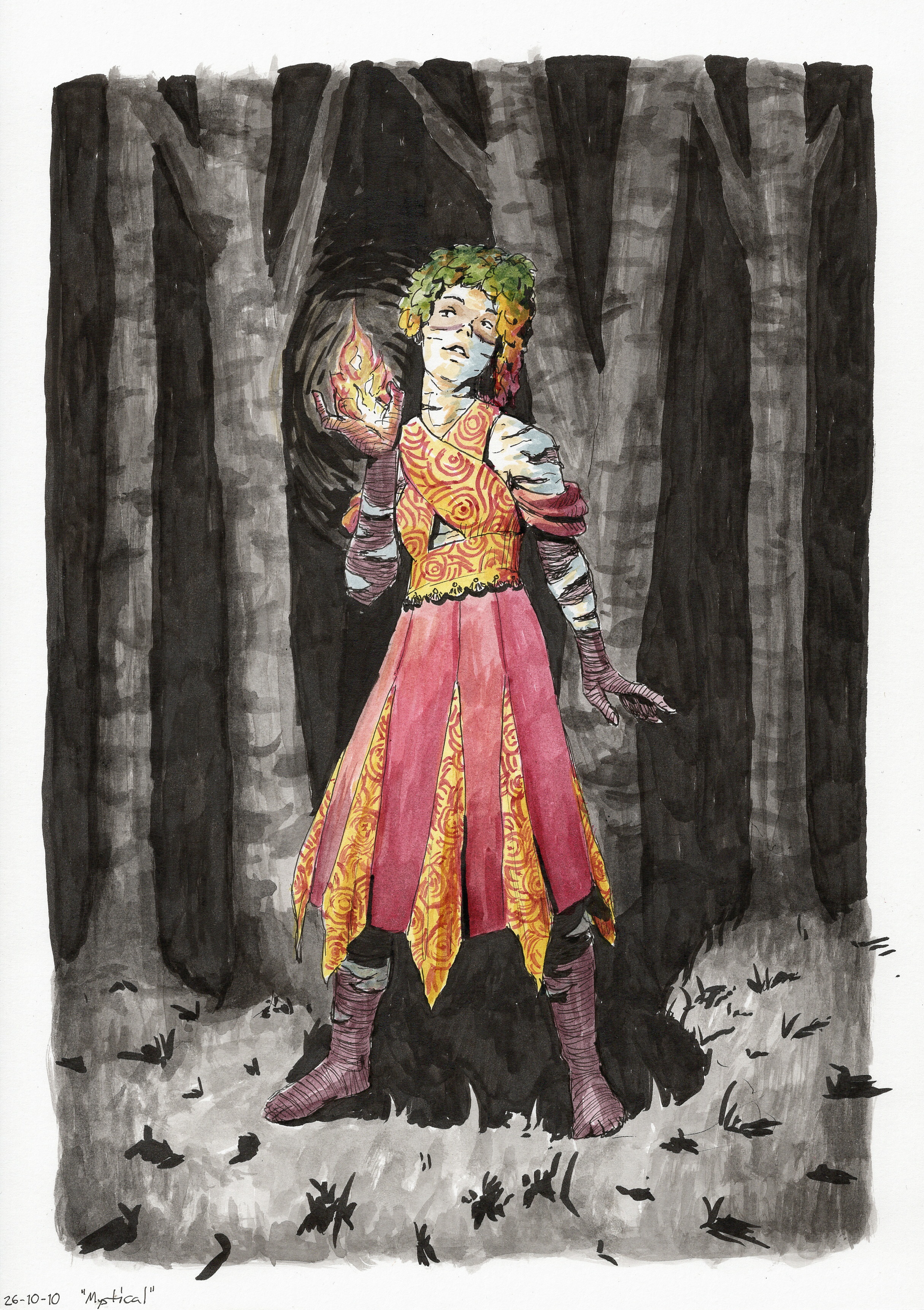Ink painting of Ivu the dryad, a woman with birch bark skin, in a dark forest of birches.
  She's lit by a flame held up in her hand and wearing a fancy red and orange dress echoing the theme of fire.
  The dress has a halter top made of two crossing segments and a skirt with loosely hanging triangular godets added for decoration.
  The top and godets have The character is painted in color, but the background is black and gray.
