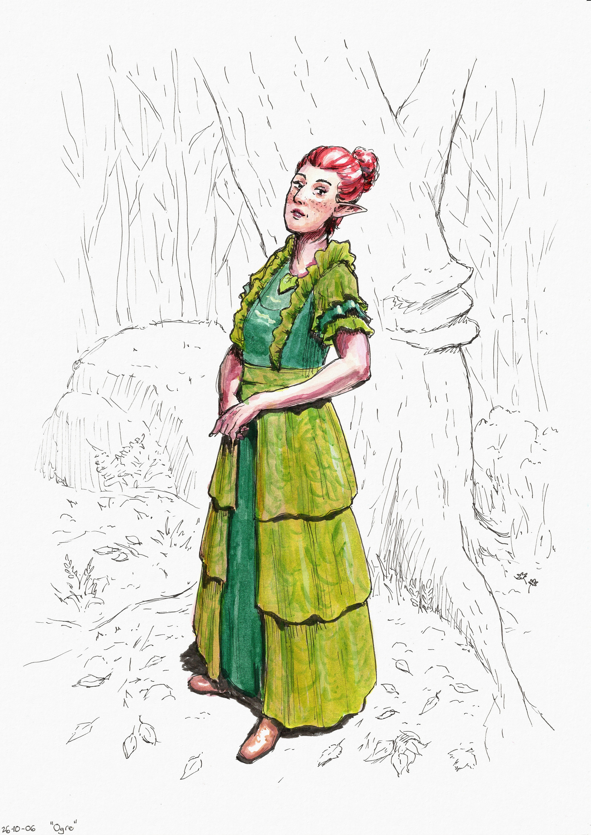 Ink drawing of Miriel the elf wearing a green frilly dress 
  with a three-tiered skirt and similarly tiered short sleeves.
  The base dress is made of a dark blueish silk,
  with the frills and layers on top made of a lighter green material with a leafy print pattern.
  She's standing with her hands clasped on her waist, wearing her hair in a bun,
  tilting her head and looking toward the viewer with a wry smile.
  There's a large tree and a rock behind her, opening into a roughly sketched view of a dense forest.