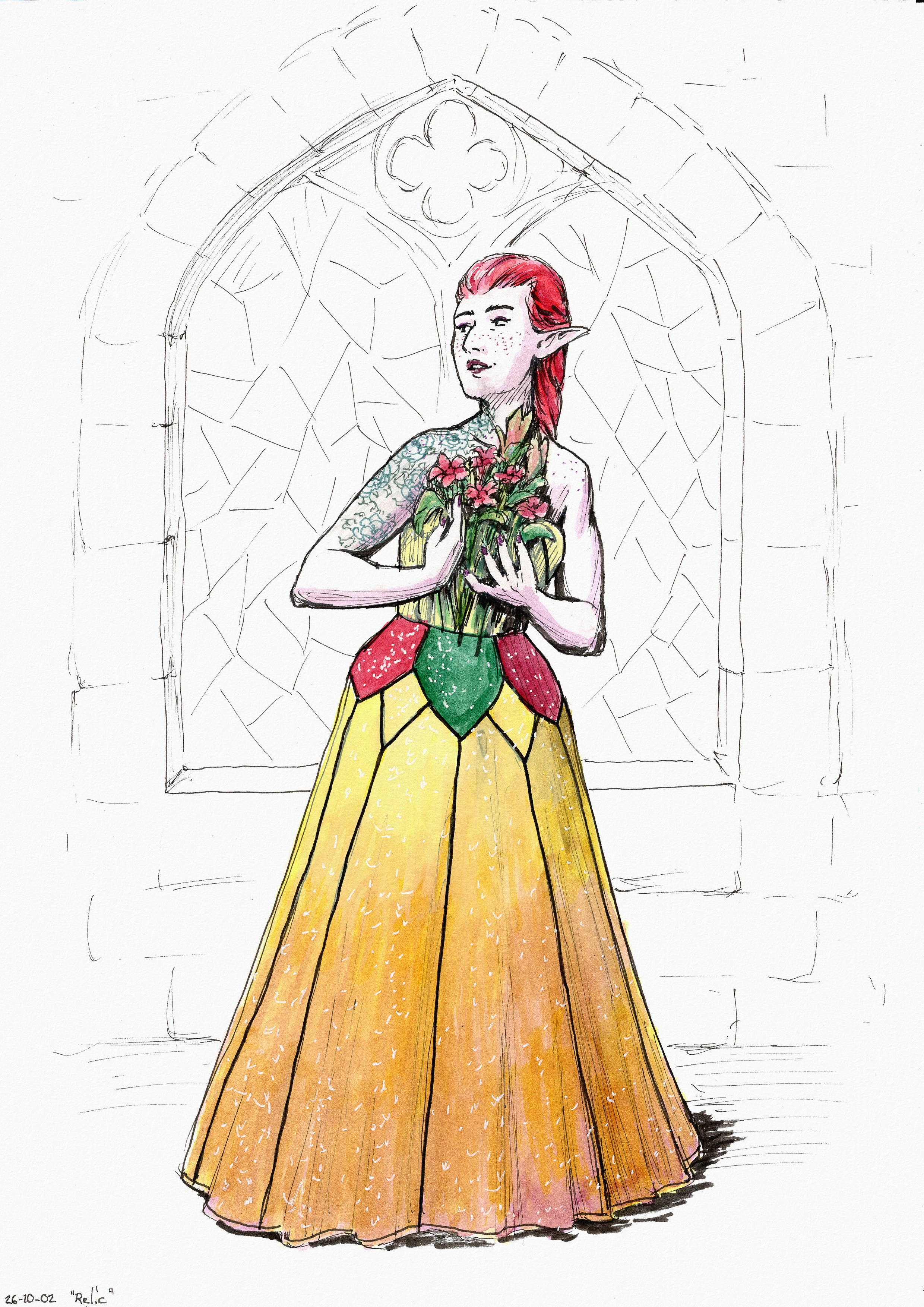 Ink drawing of Miriel the elf wearing a sparkly sleeveless dress with a long skirt.
    The dress is brightly colored with red and green petal shapes around the waist,
    decorated with black piping that resembles the seams in stained glass.
    She's standing in front of an arched stained glass window and holding a bundle of flowers in her lap.
    The character is painted with colored inks applied with a brush, while the background is left with rough lines only.