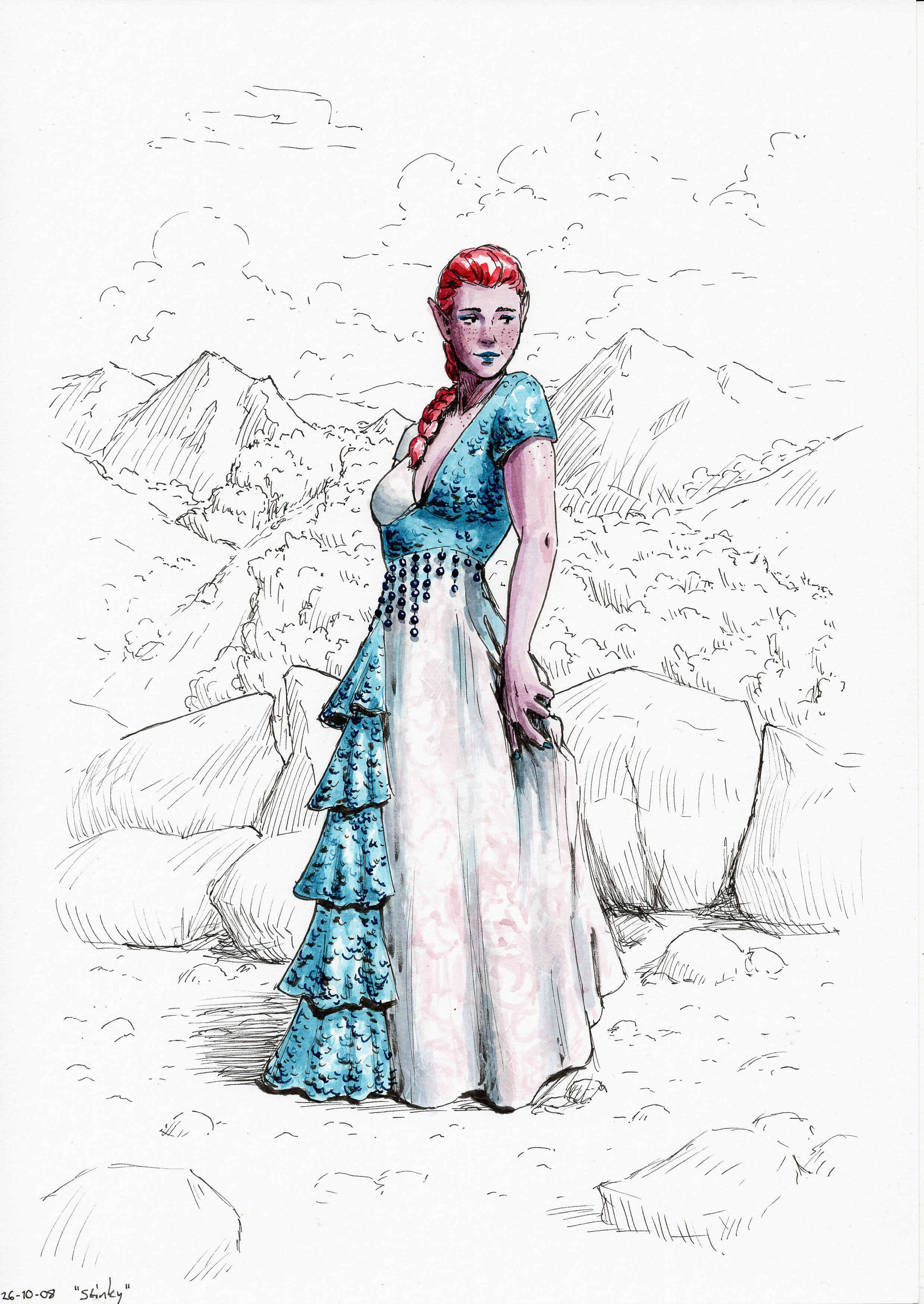 Ink drawing of Miriel the elf wearing a fancy short-sleeved,
  long-skirted evening gown made of white laced silk for the most part,
  but with a stripe of blue sequins going up and across.
  The sequined part of the skirt is a layered wavecrest pattern of little triangular pieces draped over each other.
  On the waist the blue sections are connected with strings of sapphires.
  The pattern is vaguely reminiscent of the mold in blue cheese.
  Behind her are some rocks, above which a vista opens up of mountains and a forest between them.