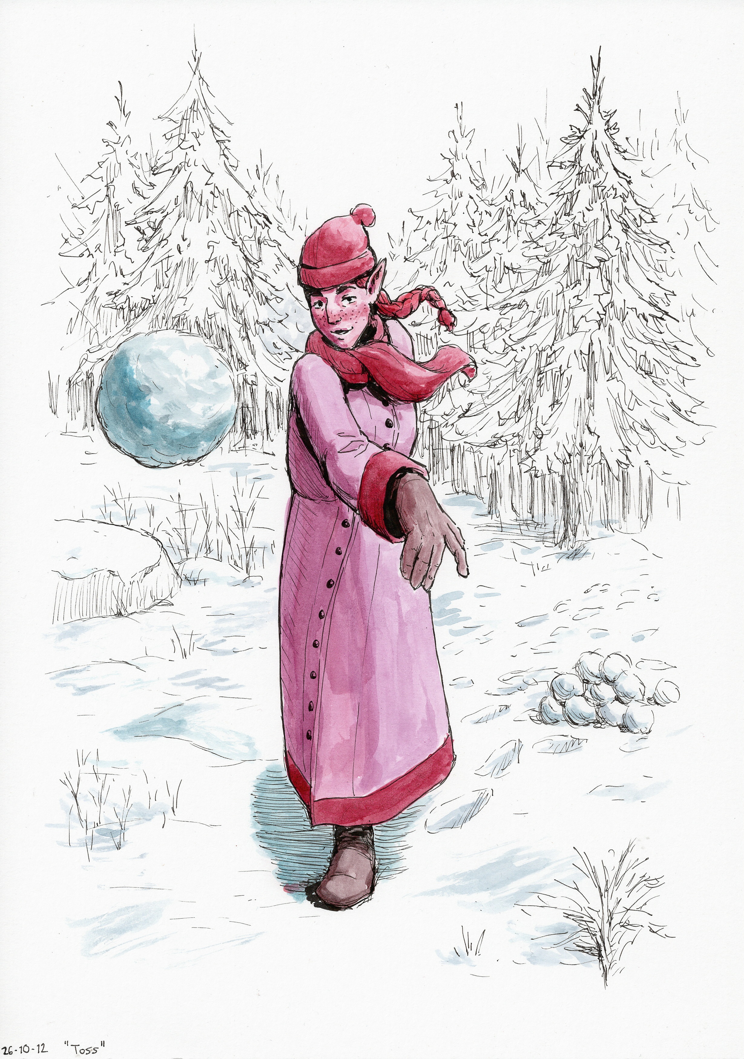 Ink drawing of Miriel the elf outdoors in the snow,
  in the middle of a throwing motion with a snowball in the air having just left her hand.
  She's wearing a mauve woollen coat dress with red trims and matching scarf and beanie, along with leather boots and gloves.
  Behind her is a little stack of snowballs and footprints leading towards a forest of spruce.