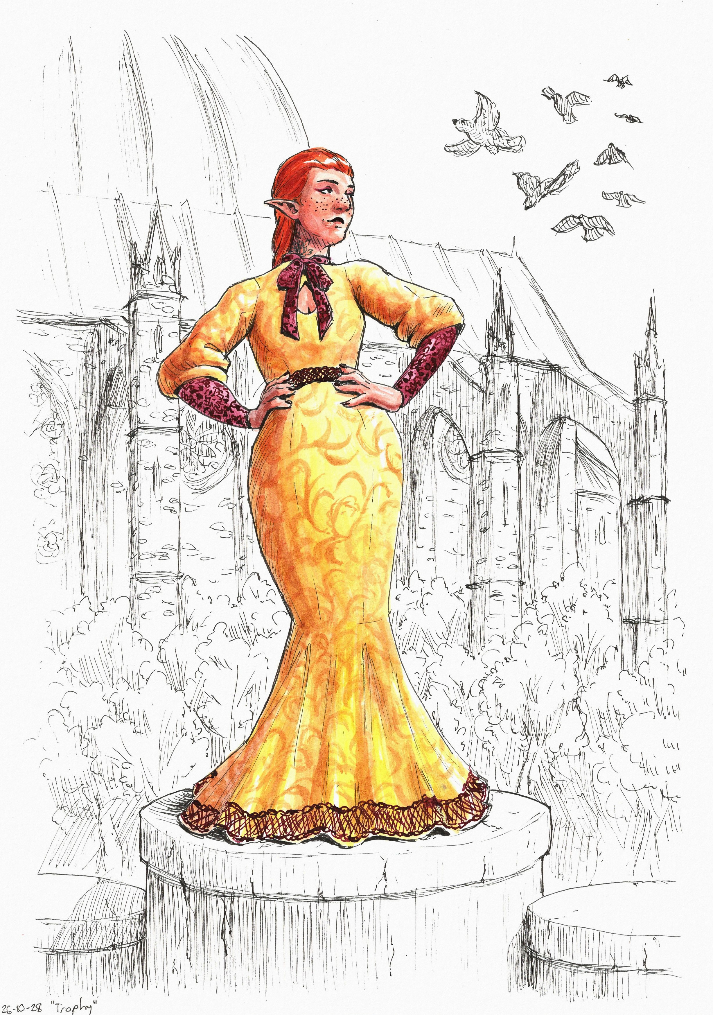 Ink drawing of Miriel the elf standing with hands on her hips looking proud on top of a stone pillar resembling a plinth for a statue or trophy.
  She's wearing a golden yellow evening gown with a mermaid skirt, puffy sleeves and a little keyhole on the chest, decorated with burgundy lace and a bow collar.
  She's looking up at a flock of birds descending towards a gothic cathedral surrounded by trees.