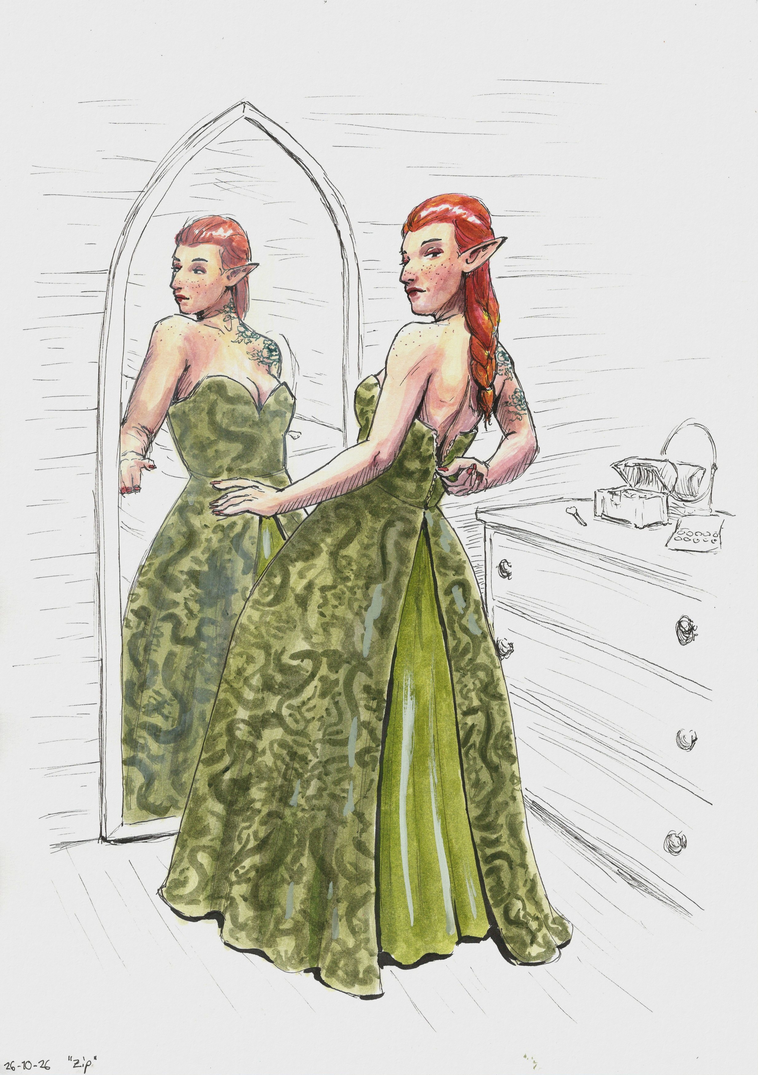 Ink drawing of Miriel the elf pulling up a zipper on the back of a velvet ballgown.
  It has a tight off-shoulder corset top showing a lot of skin and a skirt reaching down to the floor.
  It's made of a green burnout velvet with vaguely snake-like patterns, and a split in the skirt reveals a brighter green silk underskirt.
  She's standing in front of a mirror, with us looking from behind, seeing her also in the mirror.
  Next to her is a drawer with makeup tools, a small mirror, and a jewelry box on top of it.