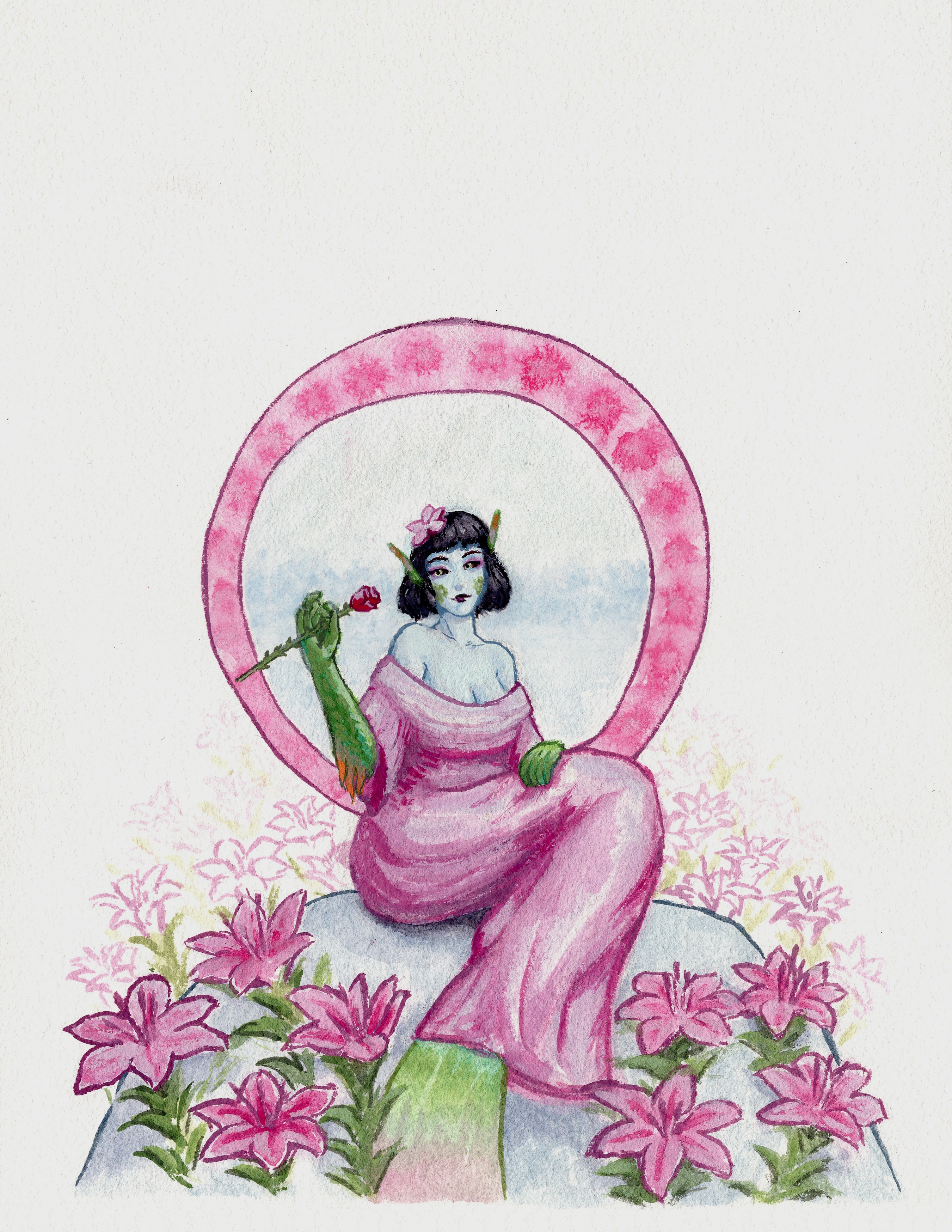 Gouache painting of Aava, a pale-skinned mermaid with black bob-cut hair,
sitting on a rock in a long pink dress and holding a rose in her hand.
She's surrounded by large pink lilies which fade into outlines and then into nothing behind her,
and there's an abstract art nouveau -style circle framing her head and shoulders.