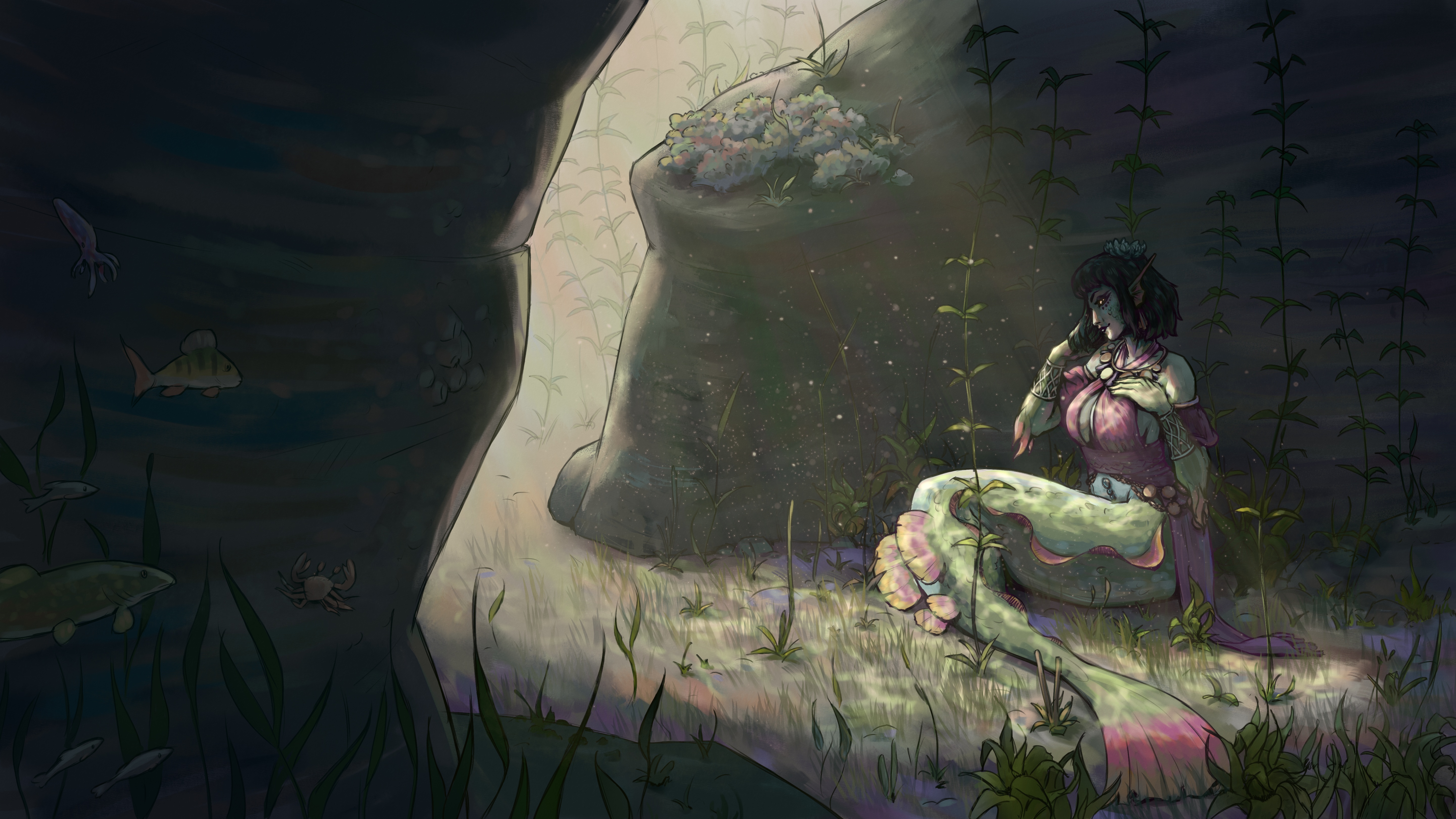 Digital painting of Aava the mermaid sitting somewhere underwater.
She's wearing her jewelled pink halter top and surrounded by rocks and foliage,
a bright light reaching her body from between the rocks but leaving her face in shadow.
She's stroking her hair with a hand, resting the other on her breast,
and looking sidelong at us in a playfully inviting but also slightly sinister gesture.
There's a lot of empty space in the image, implying that we're a bit of distance away,
perhaps unsure whether to accept her invitation.