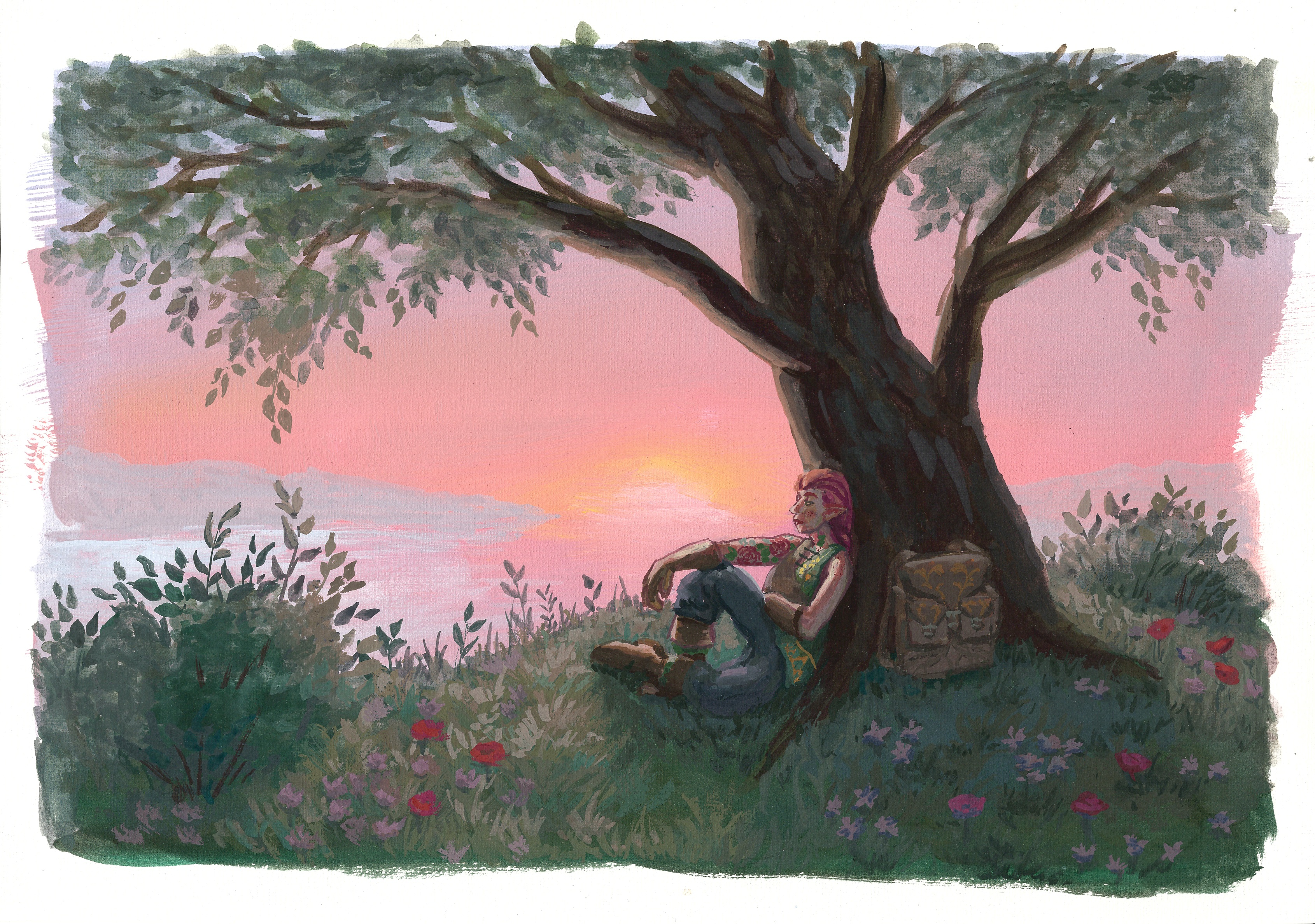 Gouache painting of Miriel, a red-haired elf, sitting under a tree.
In the distance behind her, the sun is setting across a lake,
coloring the sky in warm tones of orange and pink.
A backpack is propped up against the tree, and the surrounding ground is covered in grass,
flowers, and bushes.