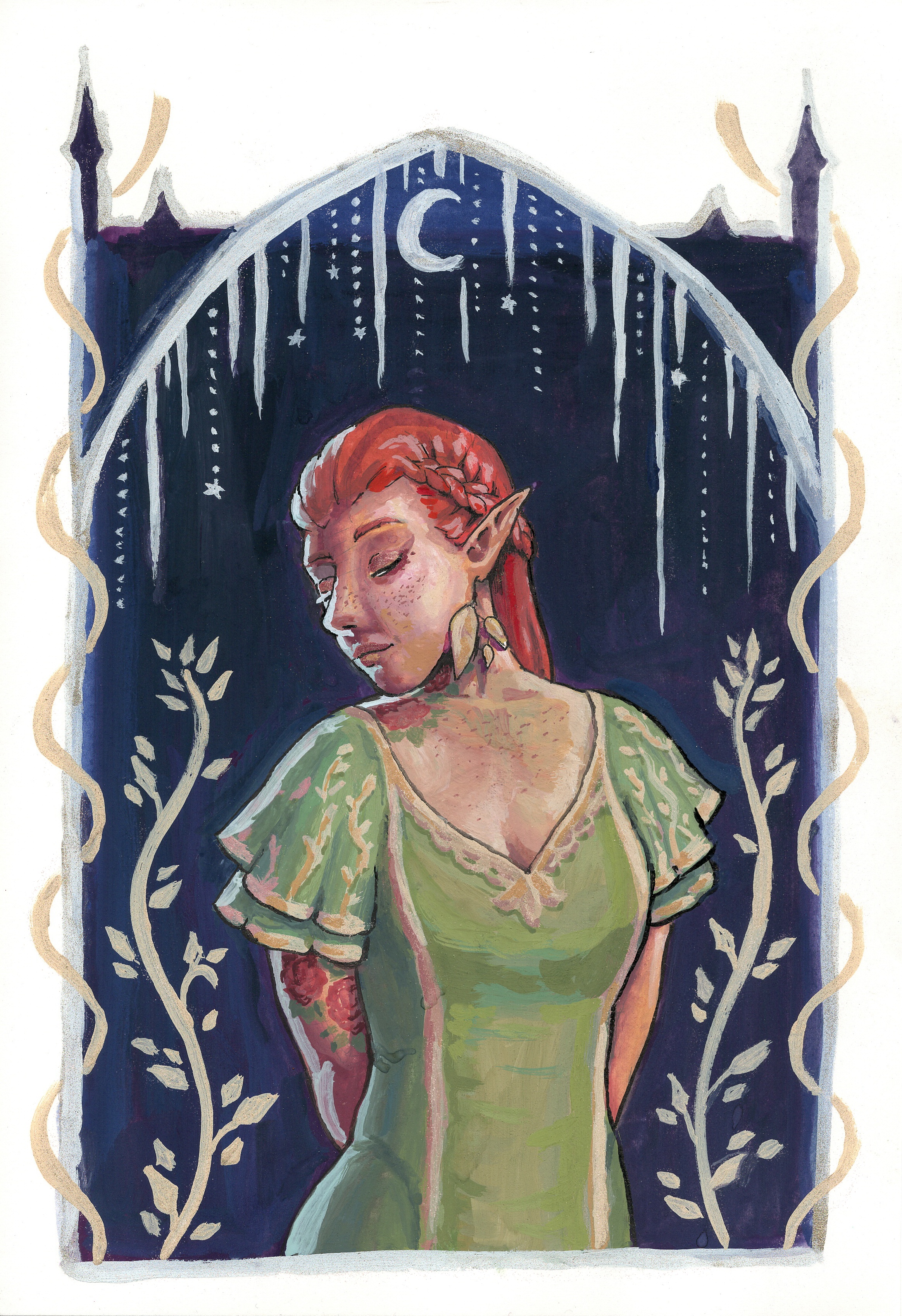 Portrait of Miriel, a red-haired elf, painted with gouache.
She's wearing a green dress with layered flutter sleeves,
decorated with gold patterns painted with glittery metal watercolors.
Her makeup also has glitter in it,
and she's surrounded by a similarly sparkly frame of silver and gold patterns
contrasted against a dark background the color of a night sky.