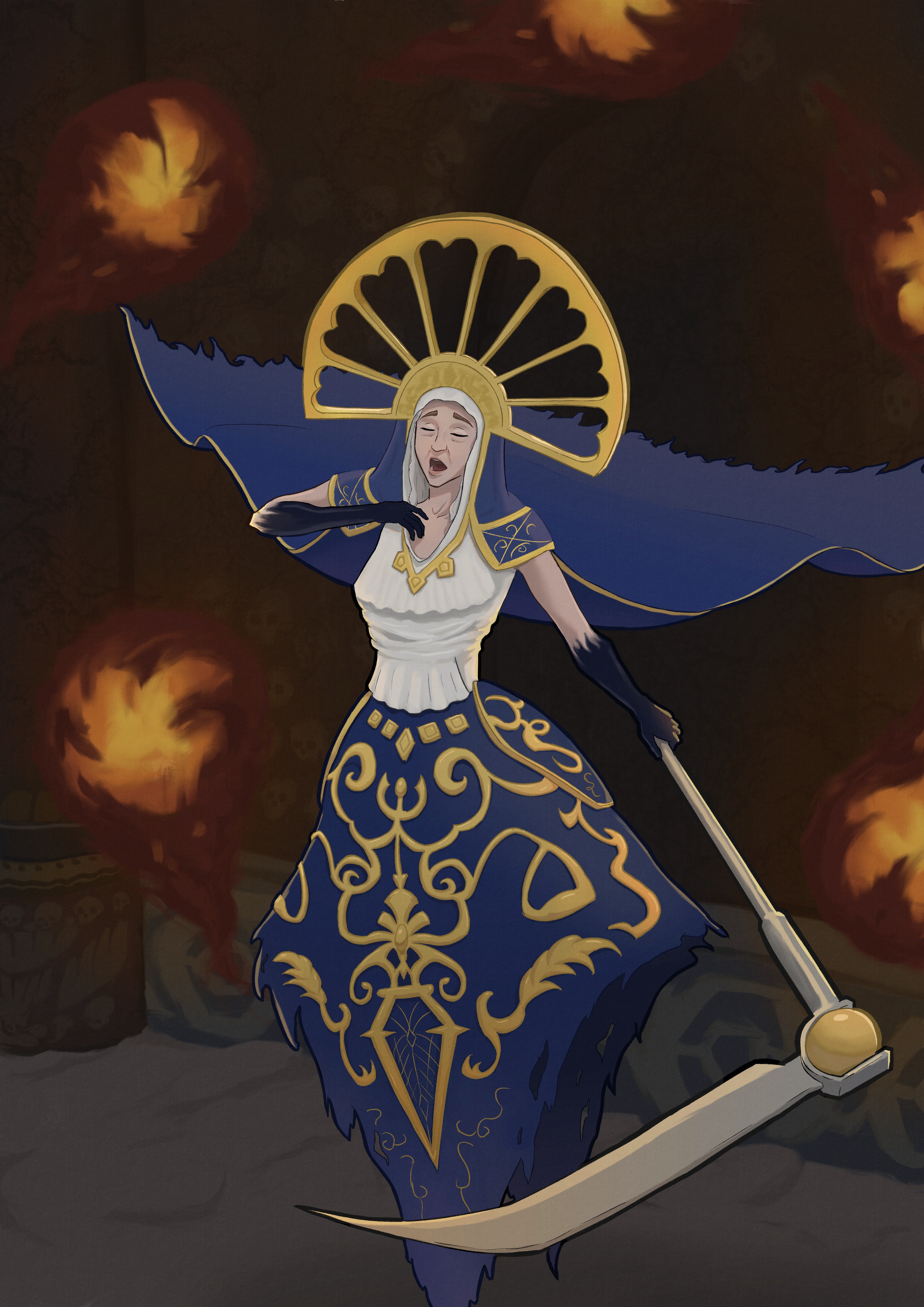Digital painting depicting Isidora, Voice of the Dead from
the game Blasphemous. She's floating in the air with her cape billowing behind
her, singing with her eyes closed, while fireballs circle around her in the
background. 
