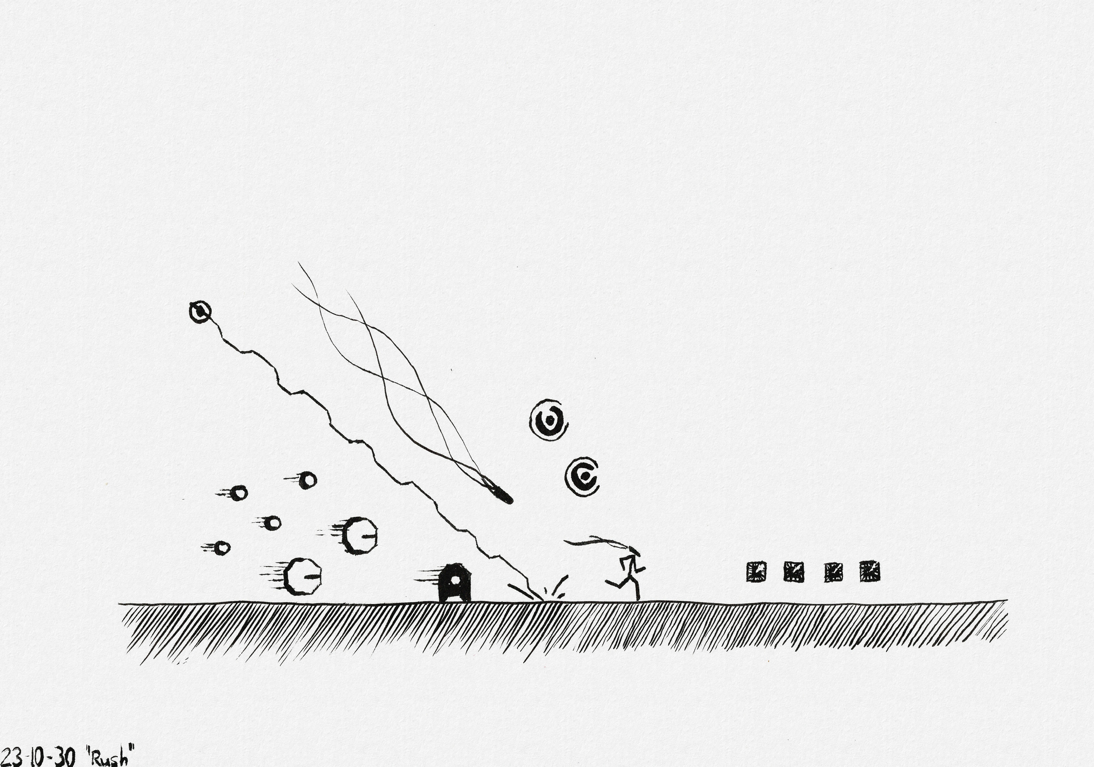 The ninja from N++ running away from a distressingly large collection of enemies.