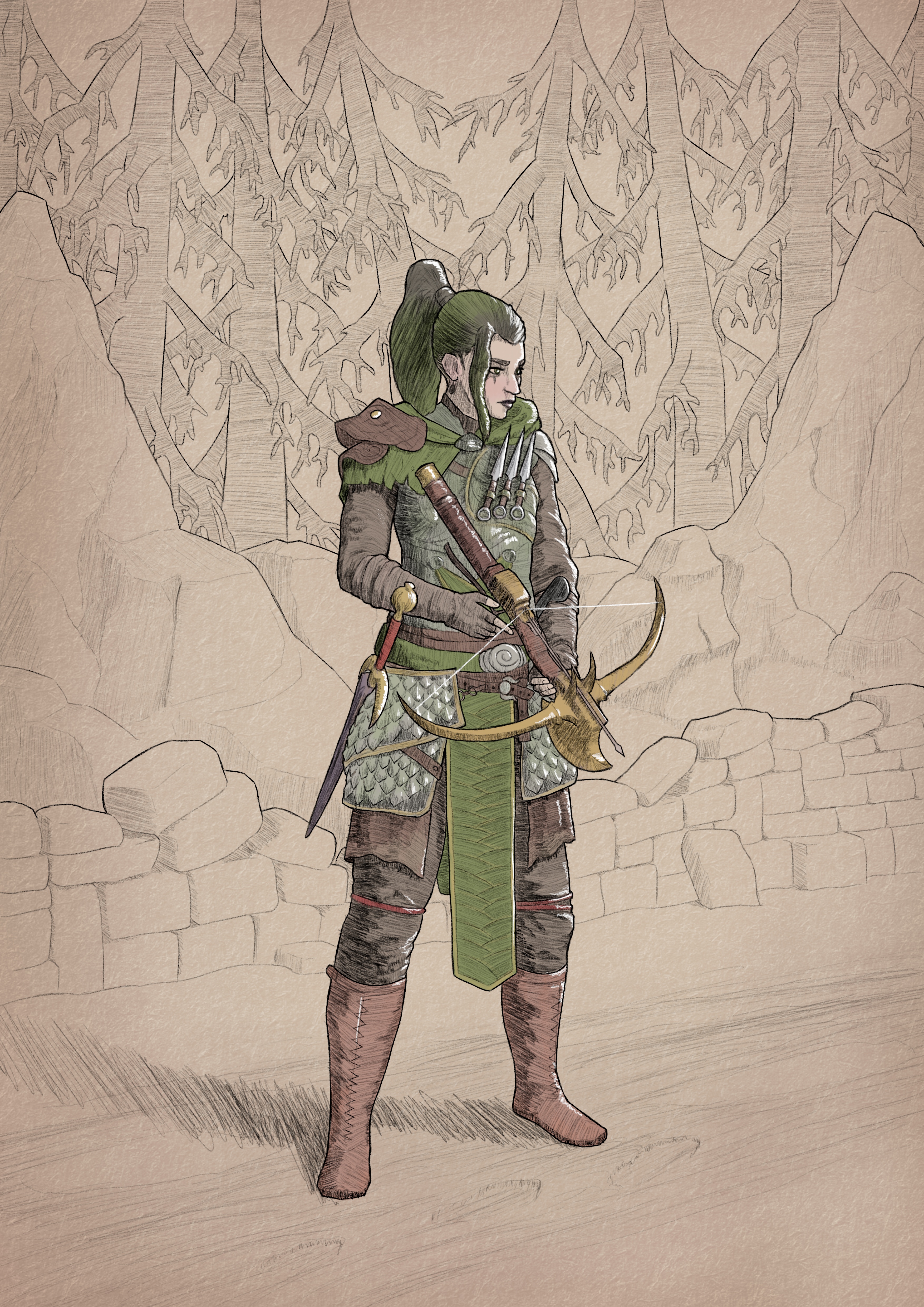 Digital drawing of a green-haired woman
standing on a muddy road in the snowy wilderness of Fractured Peaks.
She's wearing light leather and plate armor with a green cloth hood,
and carries a crossbow, two swords, and several small daggers.
