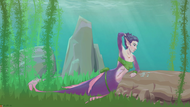 Digital painting of mermaid playing a game of solitaire on a rock on the seafloor.