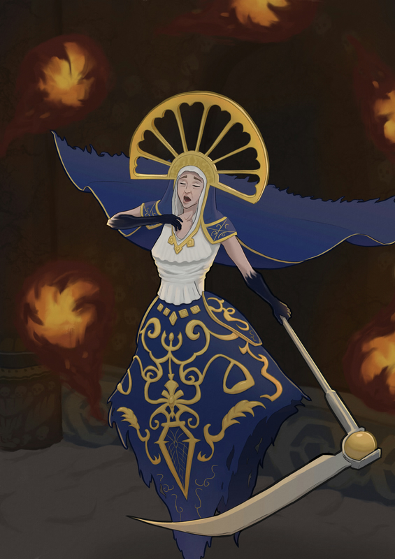 Digital painting depicting Isidora, Voice of the Dead from the game Blasphemous.
She's floating in the air with her cape billowing behind her,
singing with her eyes closed, while fireballs circle around her in the background.