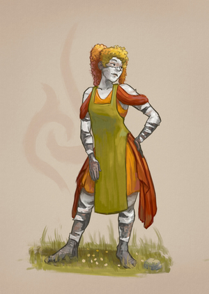 Digital painting of a feminine figure whose skin looks like birch bark
and hair falls in curls that resemble the drooping leaves of a birch tree.
She wears a green apron on top of an orange dress with red decorative drapery at the hem and shoulders.