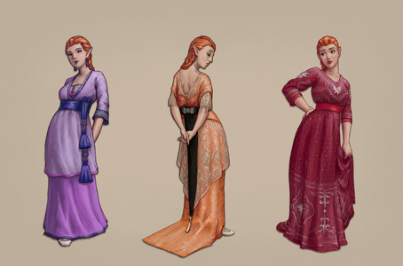 Three portraits of a red-haired elven woman
wearing different floor-length evening dresses.
The first has a double-layered skirt, sleeves decorated with colorful thread and beads,
and a decorative sash hanging off the waist.
The second has short translucent sleeves, a sheer layer of decorative skirt,
and a long  hem that trails along the floor, made of cloth decorated with shiny embroidery.
The third is simpler in form, decorated with geometric patterns on the bust and hem.