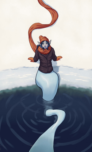 Digital painting of a pale blue mermaid
sitting on the edge of a hole in ice.
She's wearing a winter jacket, beanie, mittens, and a long scarf.
It's a bright, sunny day and the mood is relaxed.