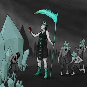 Digital ink drawing of a woman dressed in black adorned
with crystal gems, holding a crystal scythe in one hand and a bleeding human
heart in the other. In front of her kneels a person with a hole in their chest.
Behind her are three humanoid creatures with similar holes in their chests and
clusters of crystals where their heads used to be.