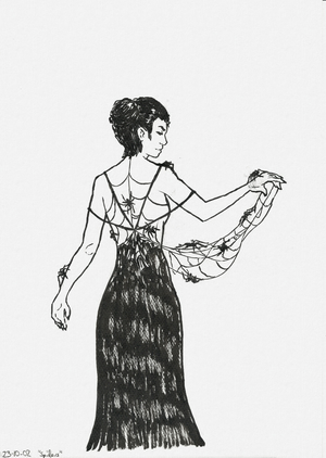 A lady wearing a black dress
with a spiderweb pattern on the back.
She has a spiderweb hanging on her arm and spiders crawling all around.