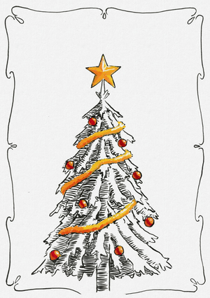 Ink drawing of a christmas tree
with decorations painted on top in red and yellow gouache.
