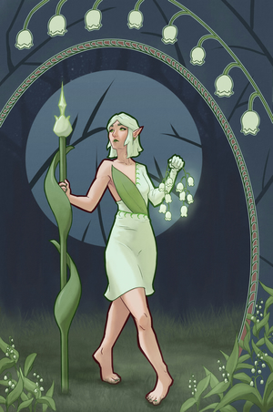 A digital painting of an elven woman walking in a forest at
night. She's wearing an off-white dress with a leaf-shaped design on the front
and carrying a lantern and spear shaped like flowers. Around her are numerous
lilies of the valley and a decorative frame in the shape of an ellipse.