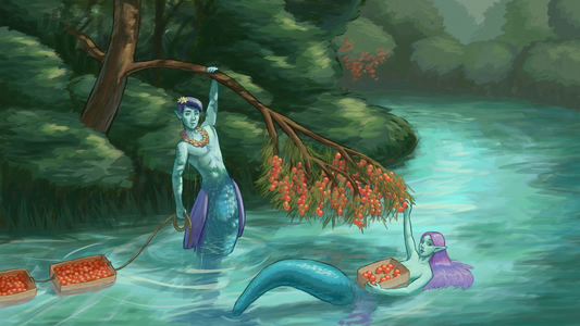 Digital painting of two blue-colored merfolk
swimming along a river on a calm sunny day.
One has jumped up to hang from a tree branch,
pulling it down towards the other, who gathers fruit off it into a basket.
They have a series of similar baskets full of fruit floating behind them,
being pulled along with a rope.