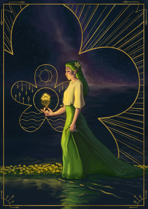 Digital painting of an elven woman in a long yellow and
green dress walking in shallow water at night. She's illuminated by magical
strands of light emanating from her hand and framed by golden decorative
shapes. In the background the water extends all the way to the horizon, where a
galaxy lights up the sky.