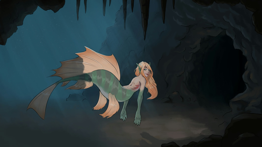 Digital painting of a mermaid with a green tail large
orange fins, and orange hair. She heads towards a dark cave, looking back at
the viewer with an amused expression.