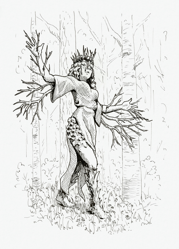 Ink drawing of a woman in a loose dress walking in a forest with her arms spread to the sides.
Twigs and branches grow out of her arms and head, blood trickling out where they pierce the skin.
Grass and fungi cover her legs.