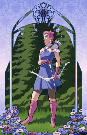 Digital painting featuring a purple-haired elven woman
wearing a blue dress. She's holding a bow with floral decorations and an arrow
nocked, looking attentively to the side. She's lit with bright sunlight,
surrounded by cornflowers of various colors, coniferous trees, and a decorative
frame with a cornflower motif.